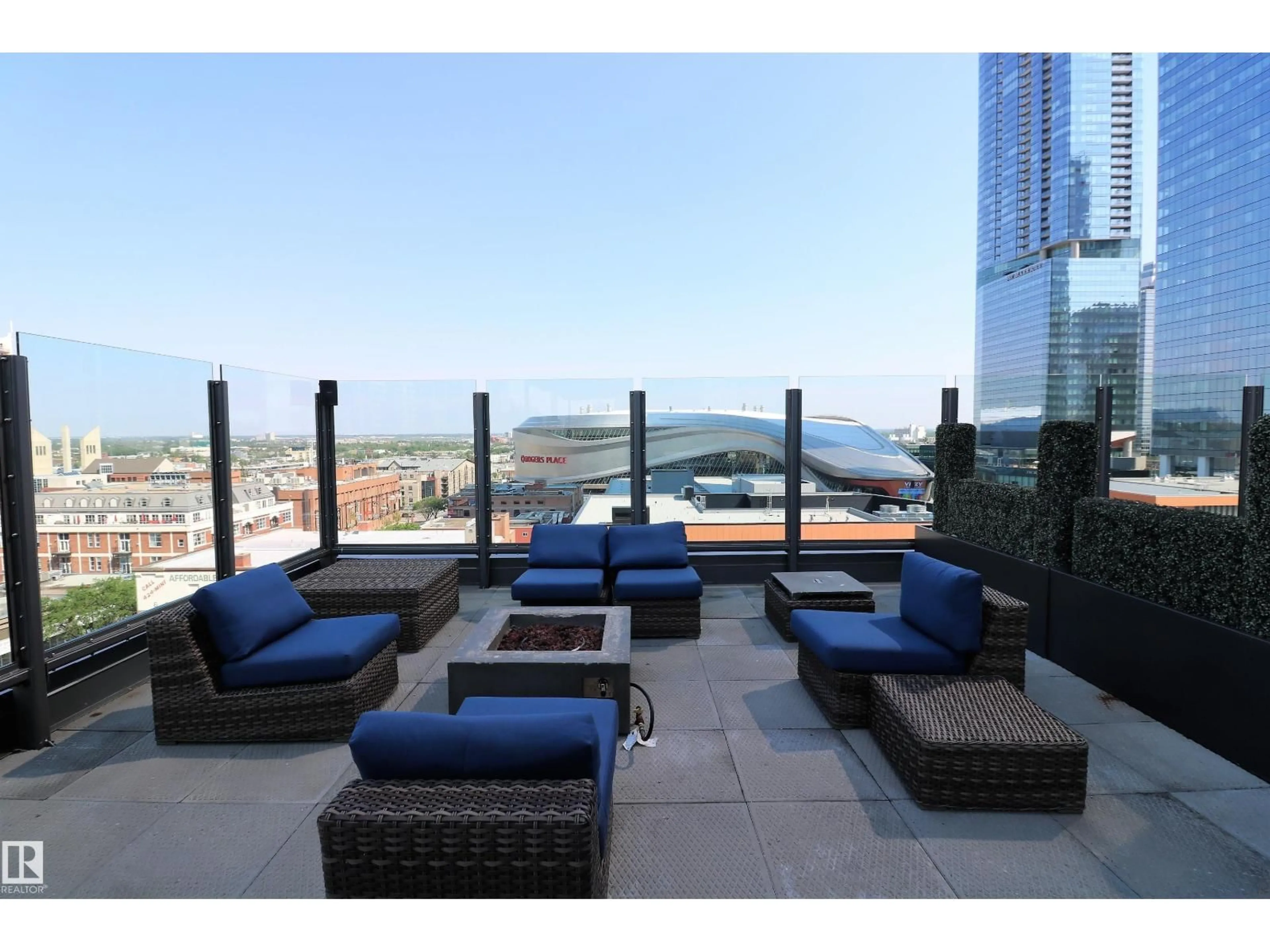 Patio, city buildings view from balcony for 801 - 10238 103 ST NW, Edmonton Alberta T5J0G6