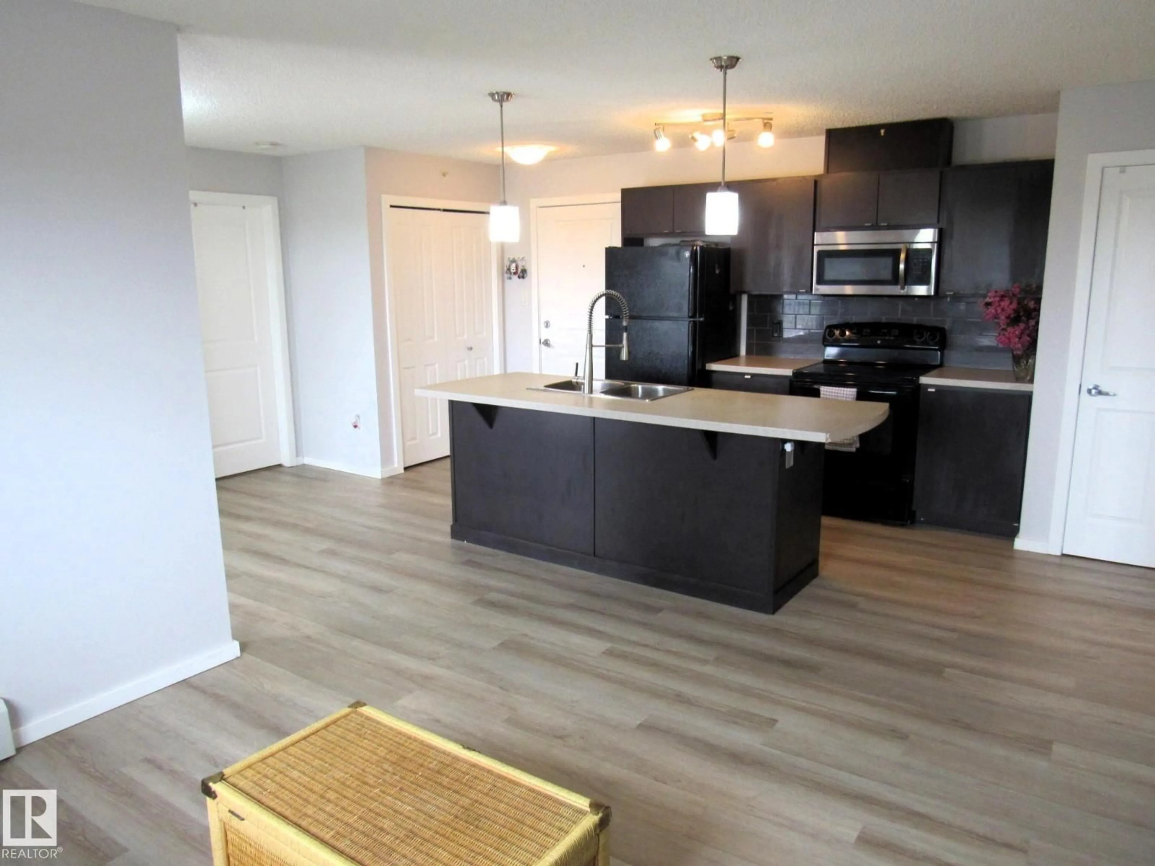 Open concept kitchen, wood/laminate floor for #453 - 1196 HYNDMAN RD, Edmonton Alberta T5A0X8