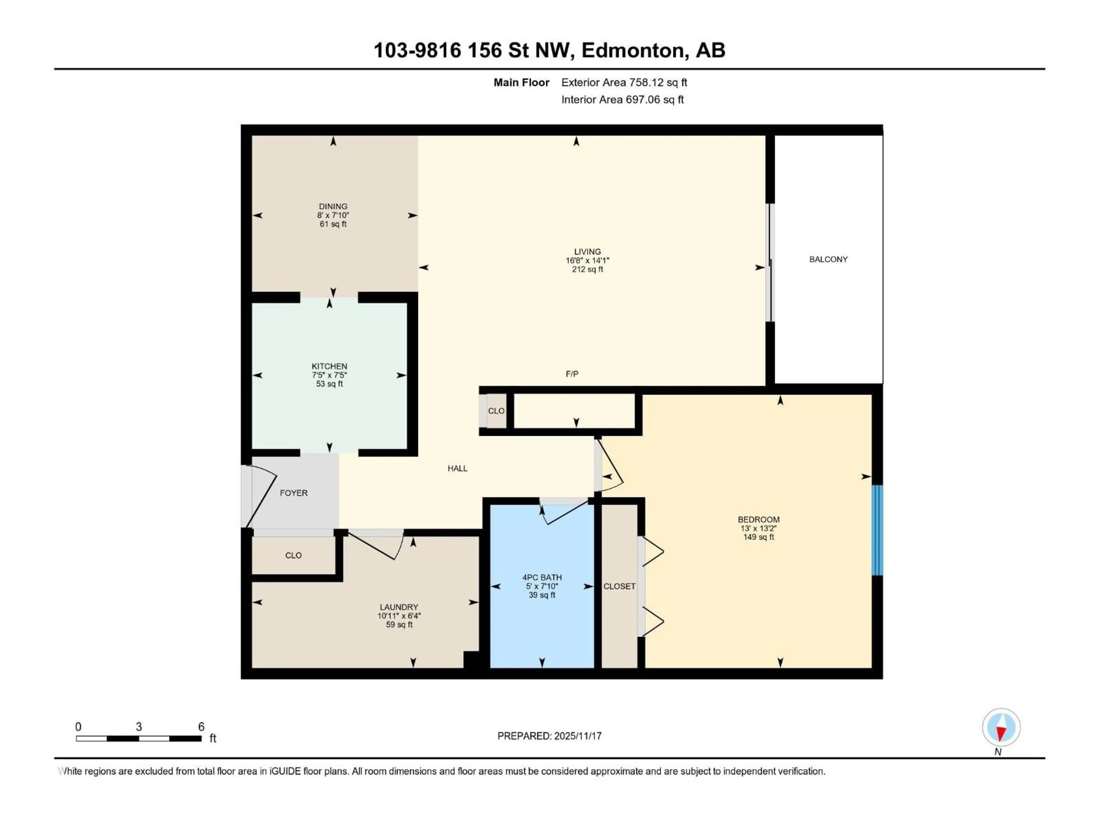 Floor plan for #103 - 9816 156 ST, Edmonton Alberta T5P2P3