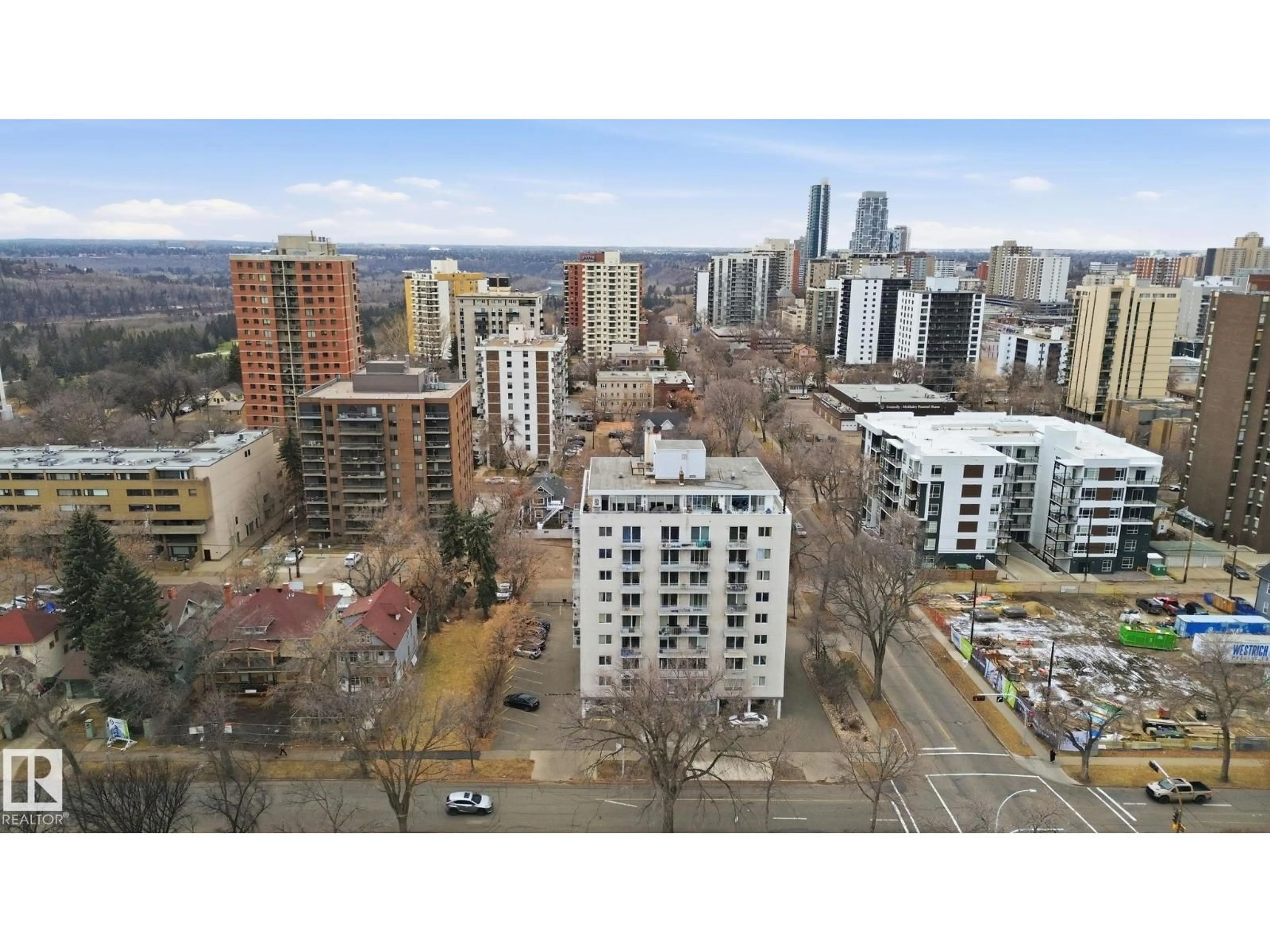A pic from outside/outdoor area/front of a property/back of a property/a pic from drone, city buildings view from balcony for #702 - 9940 112 ST NW, Edmonton Alberta T5K1L8