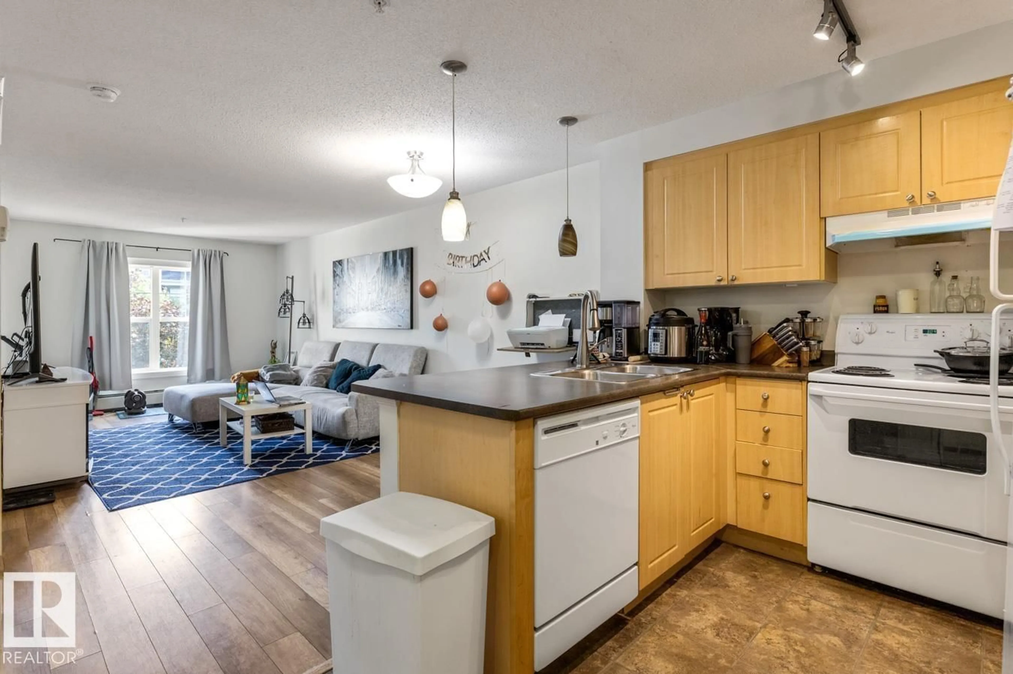 Open concept kitchen, wood/laminate floor for #213 - 622 MCALLISTER LO, Edmonton Alberta T6W1N2