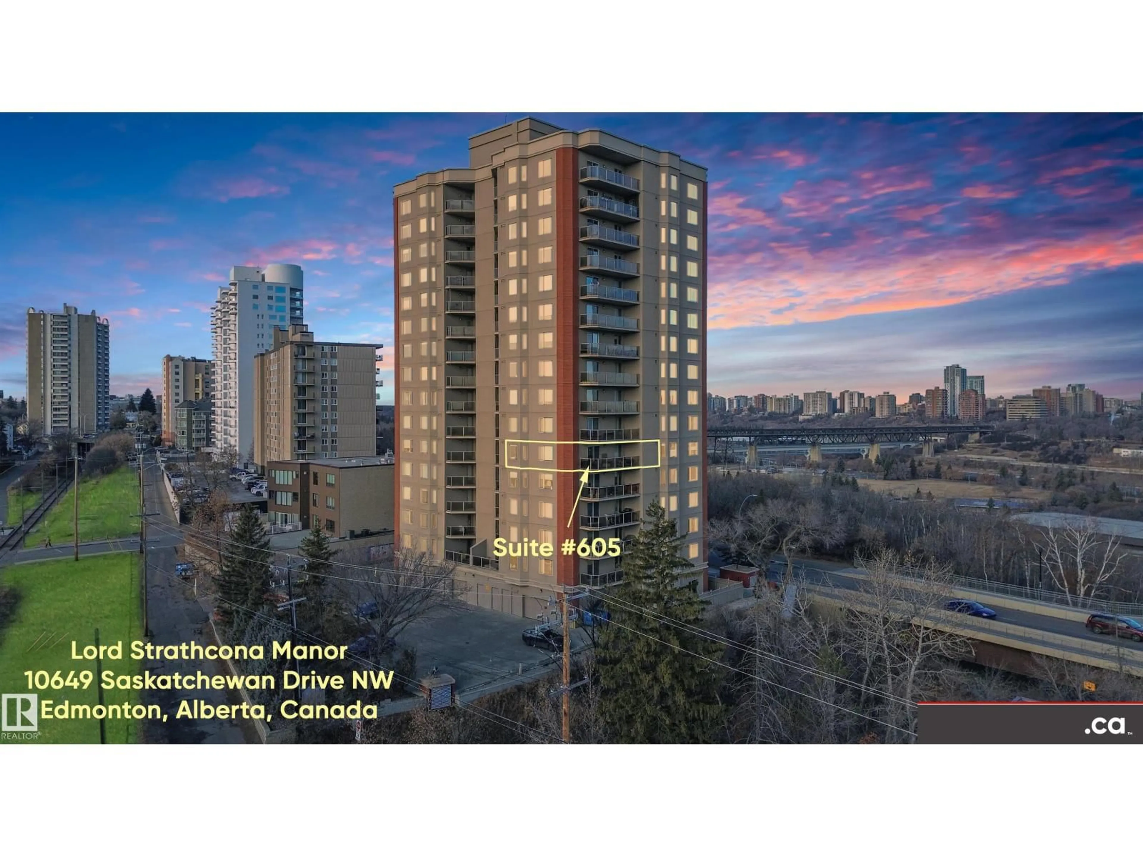 A pic from outside/outdoor area/front of a property/back of a property/a pic from drone, city buildings view from balcony for #605 - 10649 SASKATCHEWAN DR, Edmonton Alberta T6E6S8