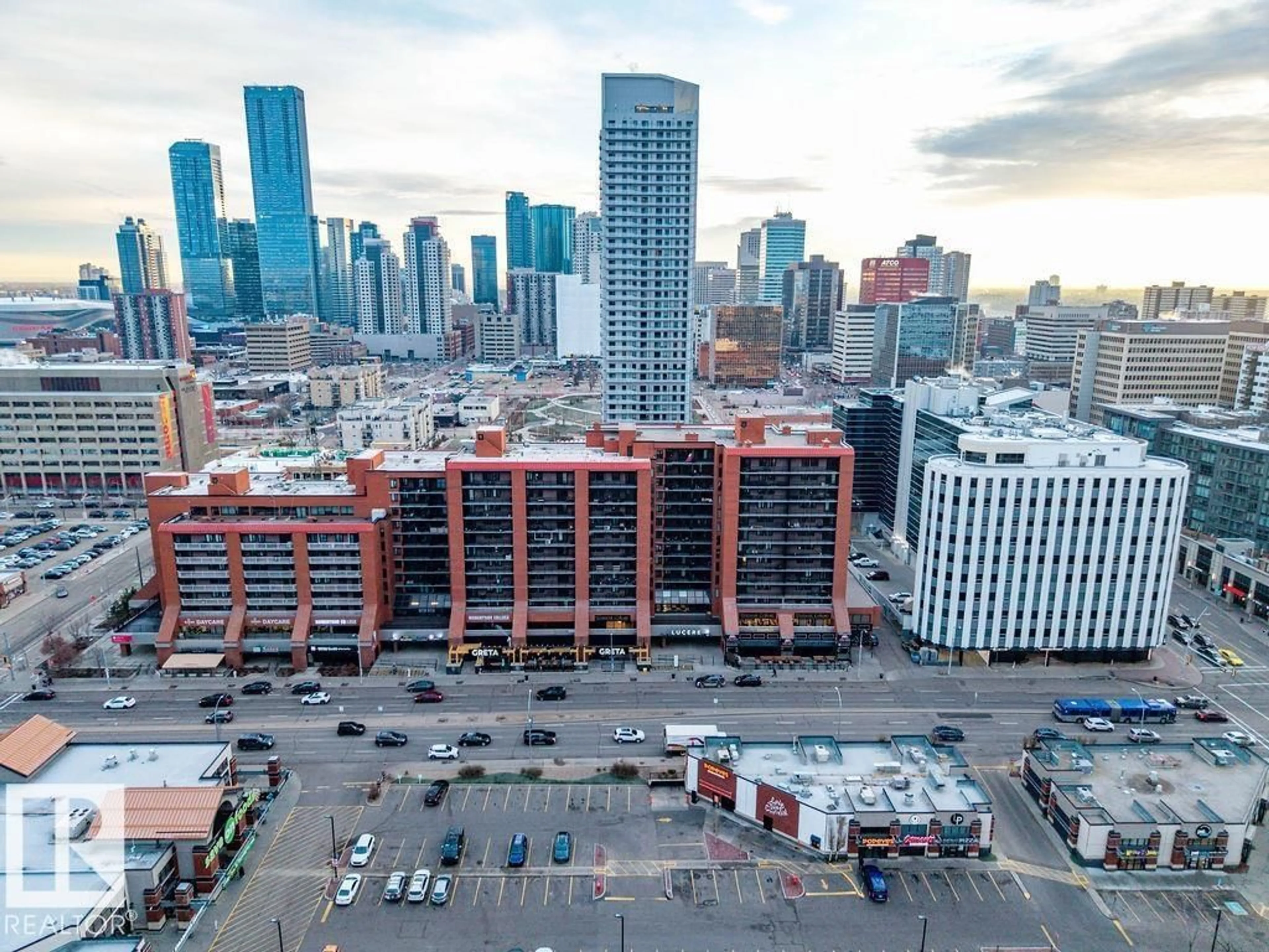 A pic from outside/outdoor area/front of a property/back of a property/a pic from drone, city buildings view from balcony for 10125 - 1107 109 ST NW, Edmonton Alberta T5J3P1
