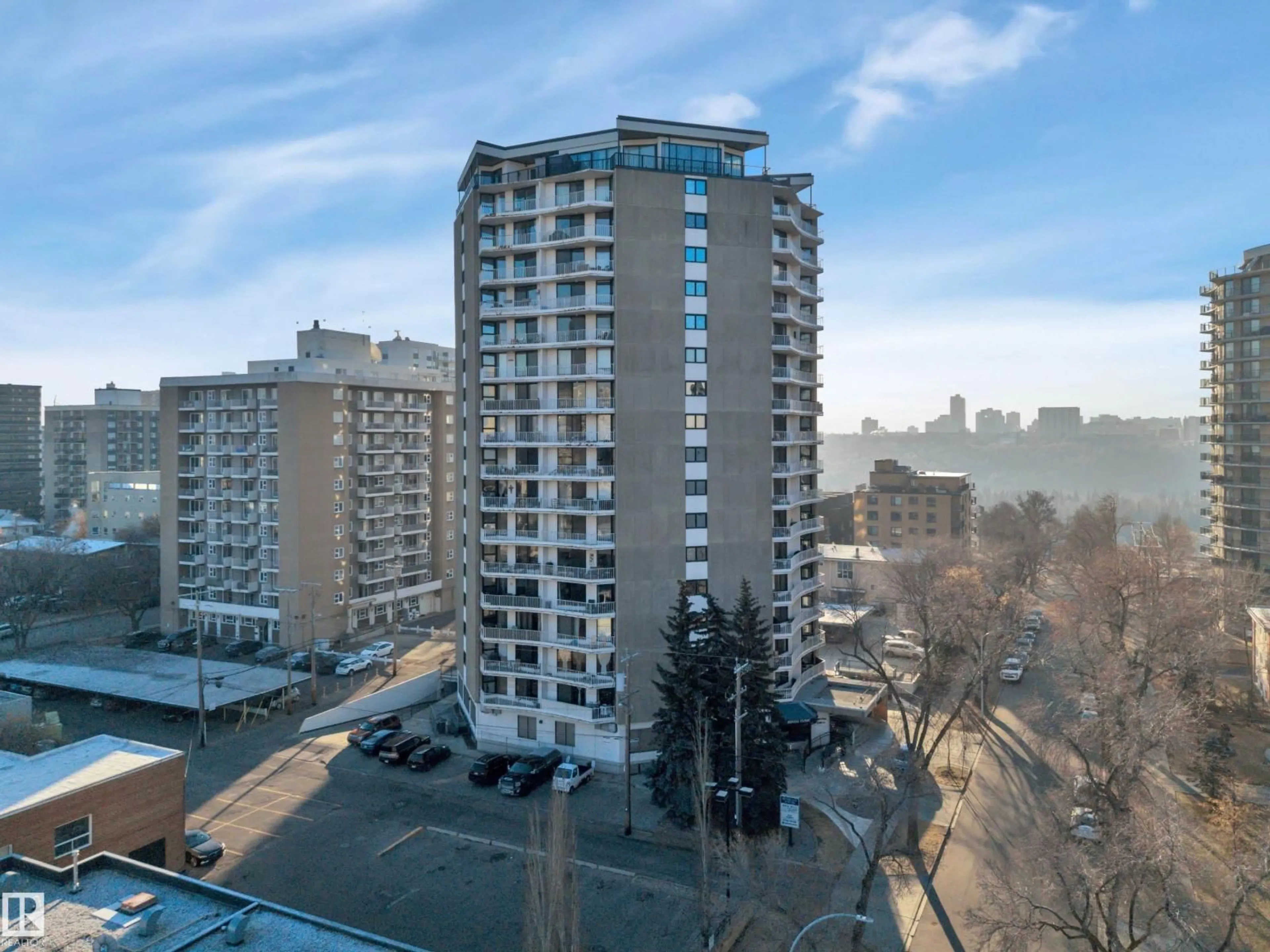 A pic from outside/outdoor area/front of a property/back of a property/a pic from drone, city buildings view from balcony for 506 - 10045 117 ST, Edmonton Alberta T5K1W8