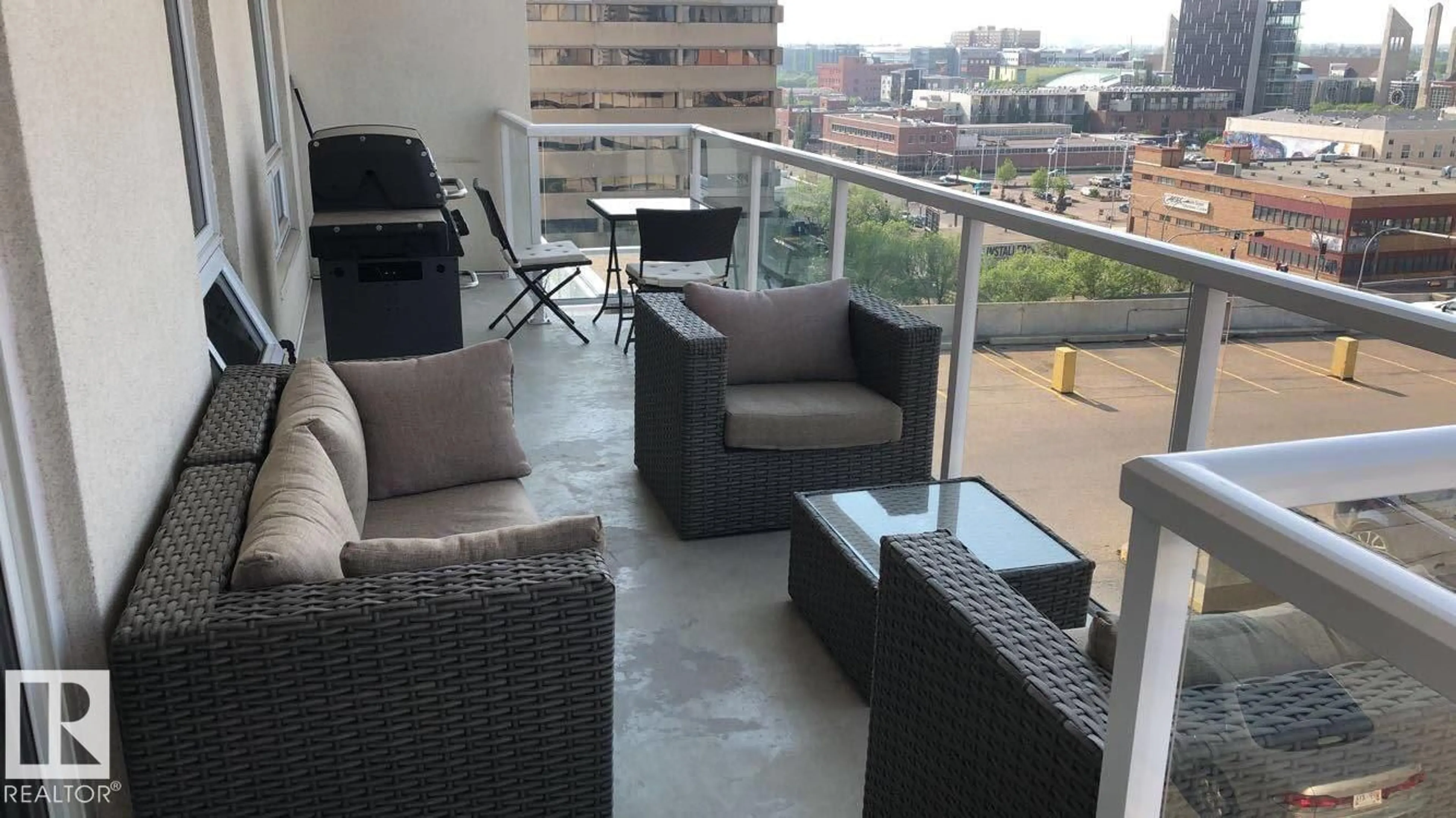 Balcony in the apartment, city buildings view from balcony for #703 - 10226 104 ST NW, Edmonton Alberta T5J1B8