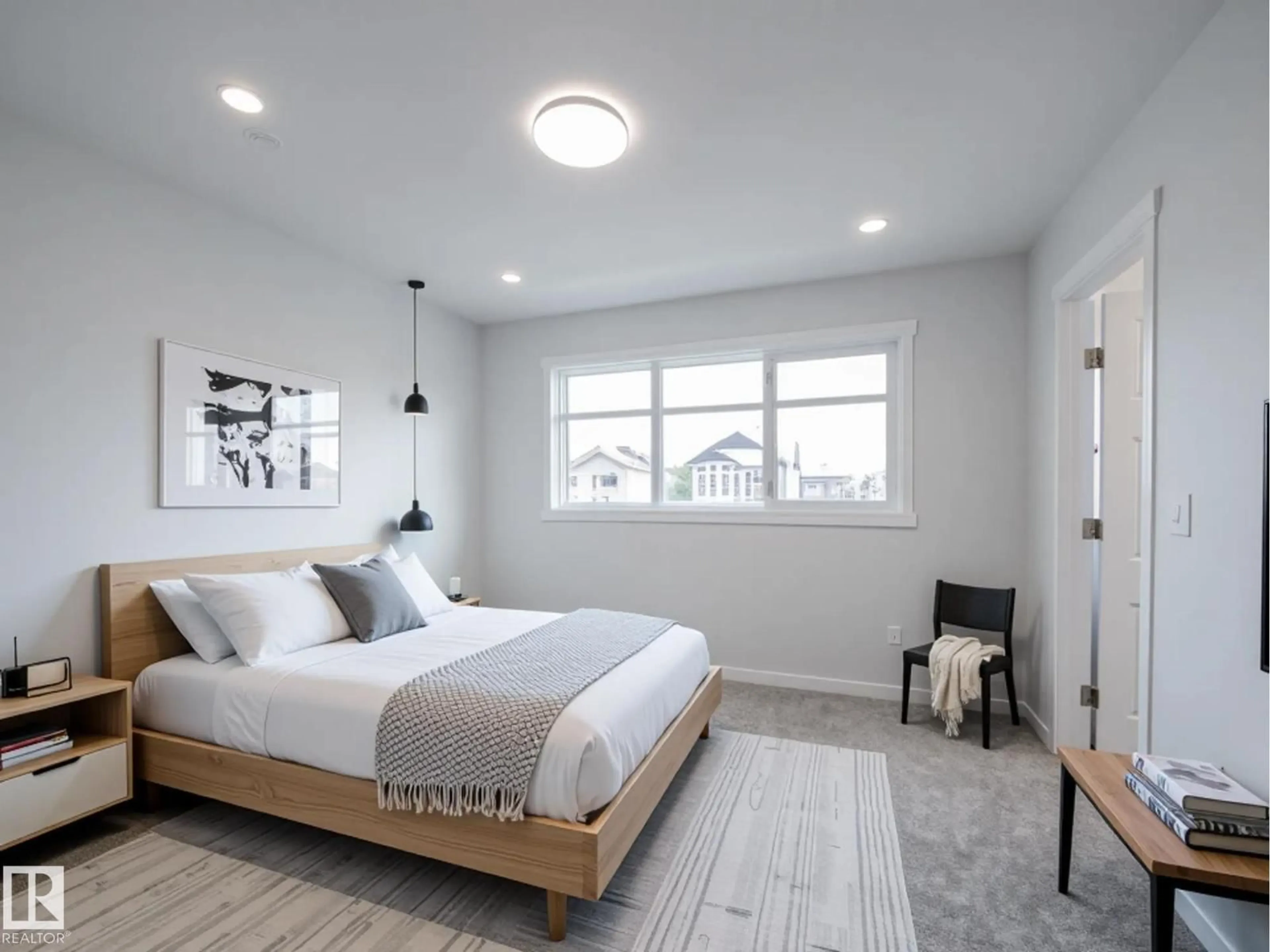 Bedroom with bed, wood/laminate floor for 15 NERINE CR, St. Albert Alberta T8N8C6