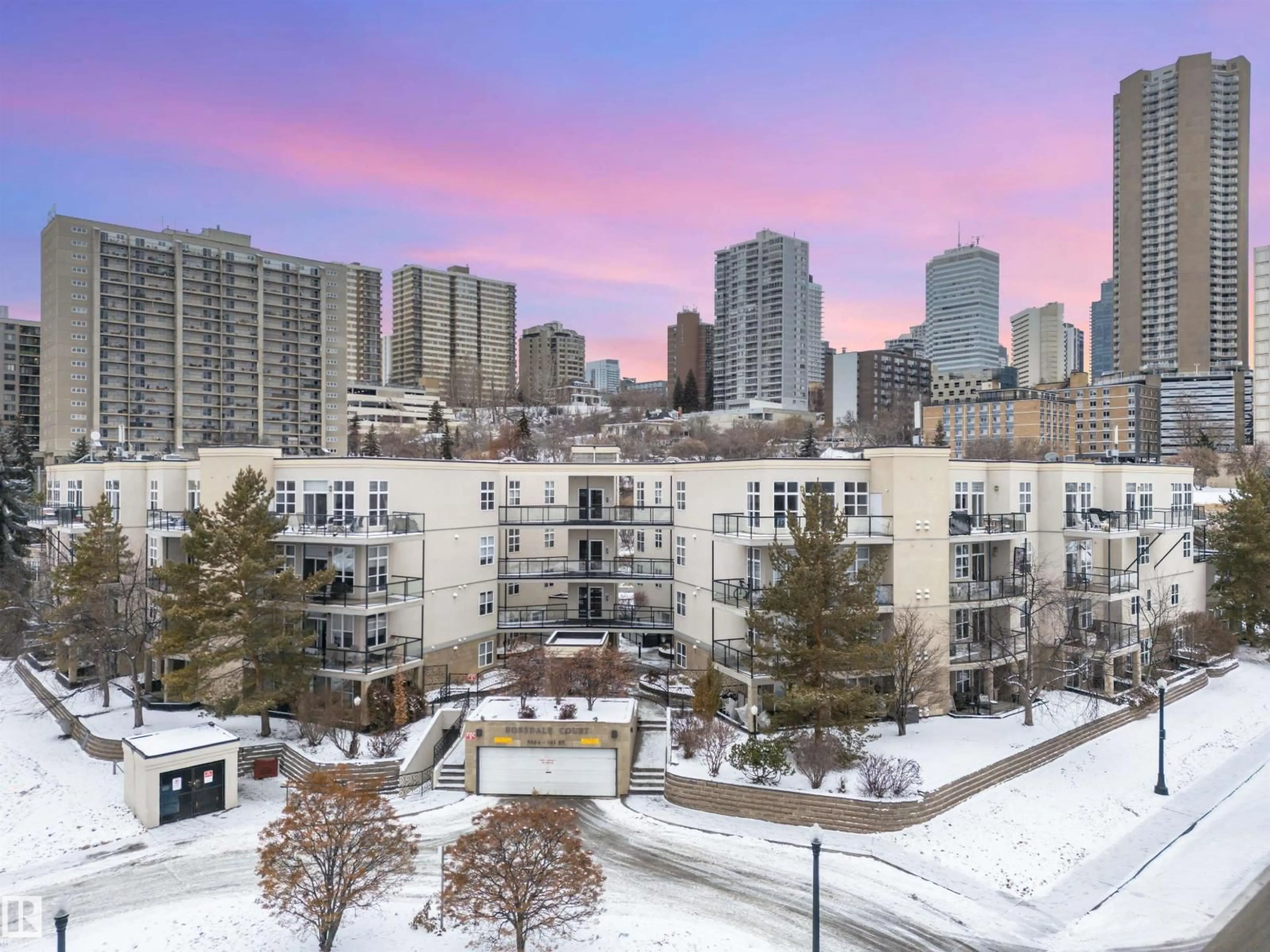 Patio, city buildings view from balcony for #104 - 9804 101 ST, Edmonton Alberta T5K2X3