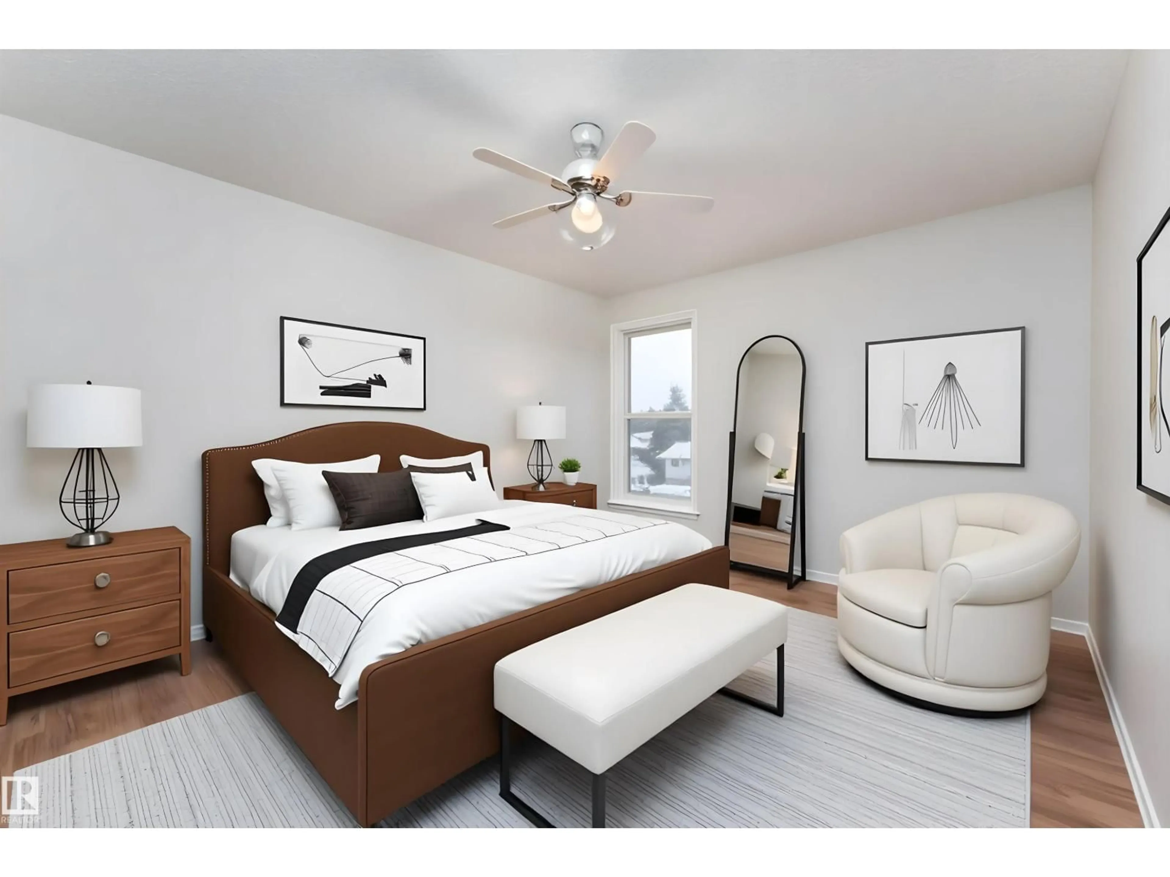 Bedroom with bed, wood/laminate floor for 317 JUBILEE DR, Fort Saskatchewan Alberta T8L2M1