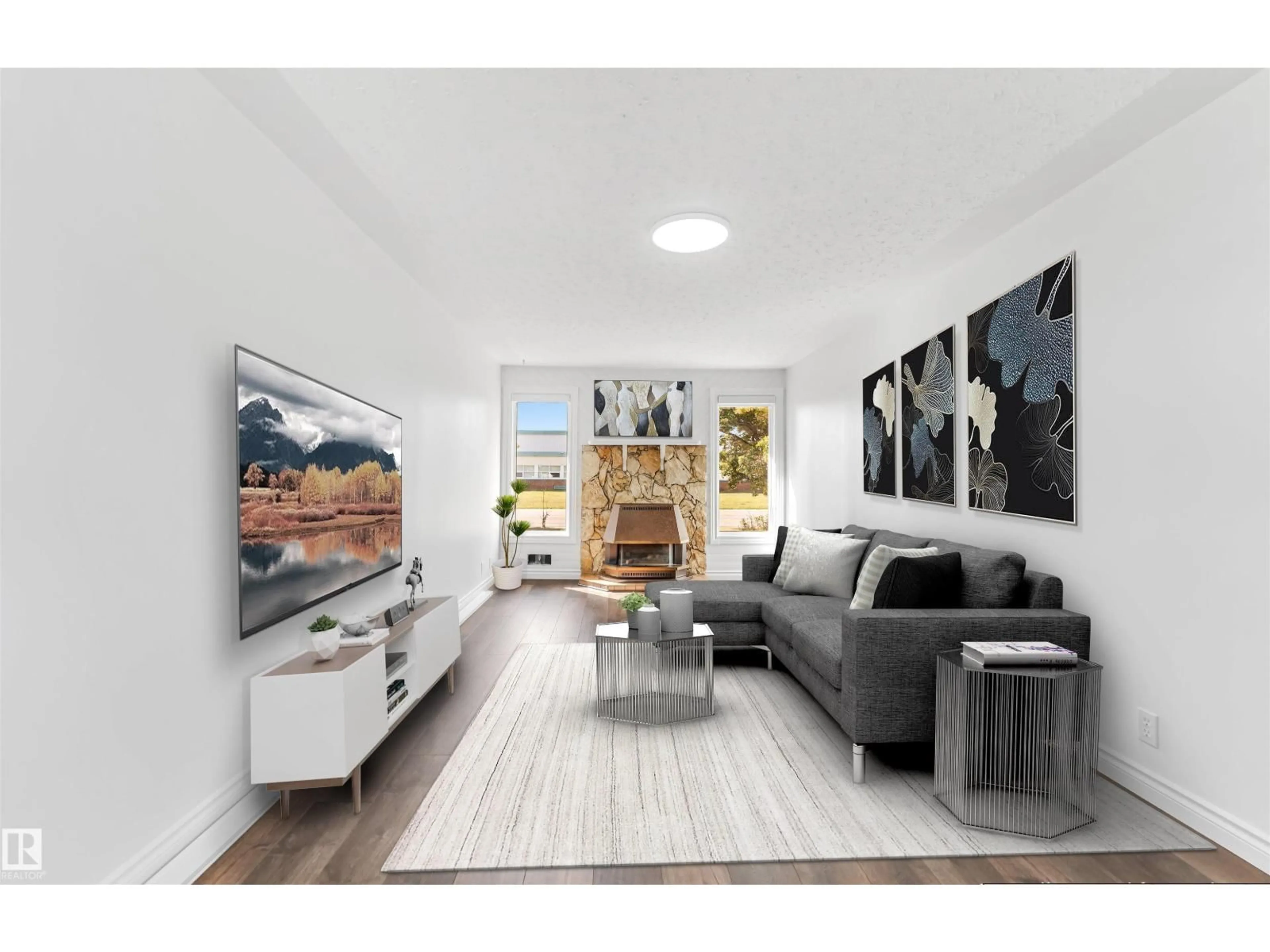 Living room with furniture, wood/laminate floor for NW - 13316 136 AV, Edmonton Alberta T5L4B3