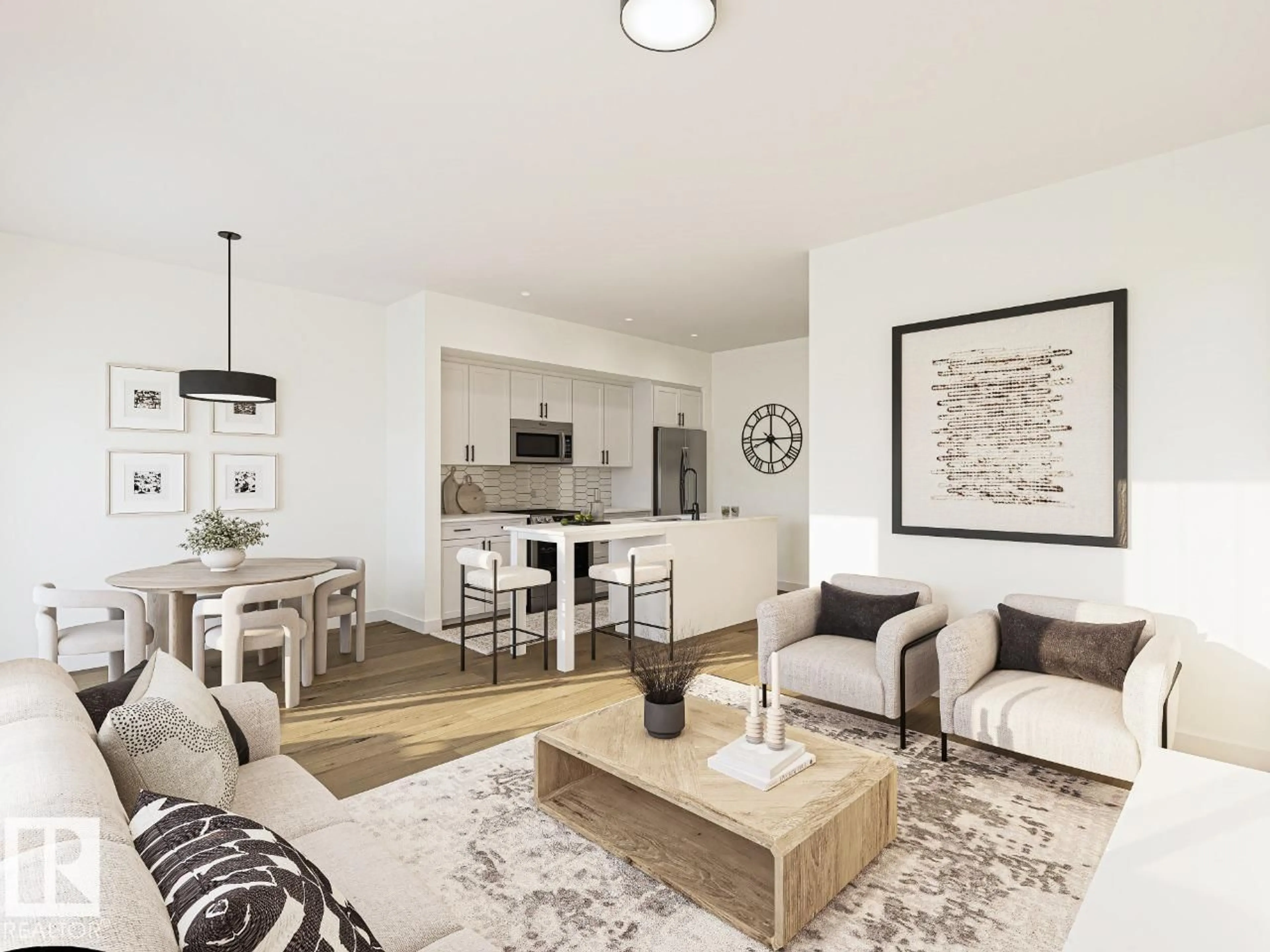 Living room with furniture, wood/laminate floor for #59 - 3270 CHERNOWSKI WY, Edmonton Alberta T6W3X2