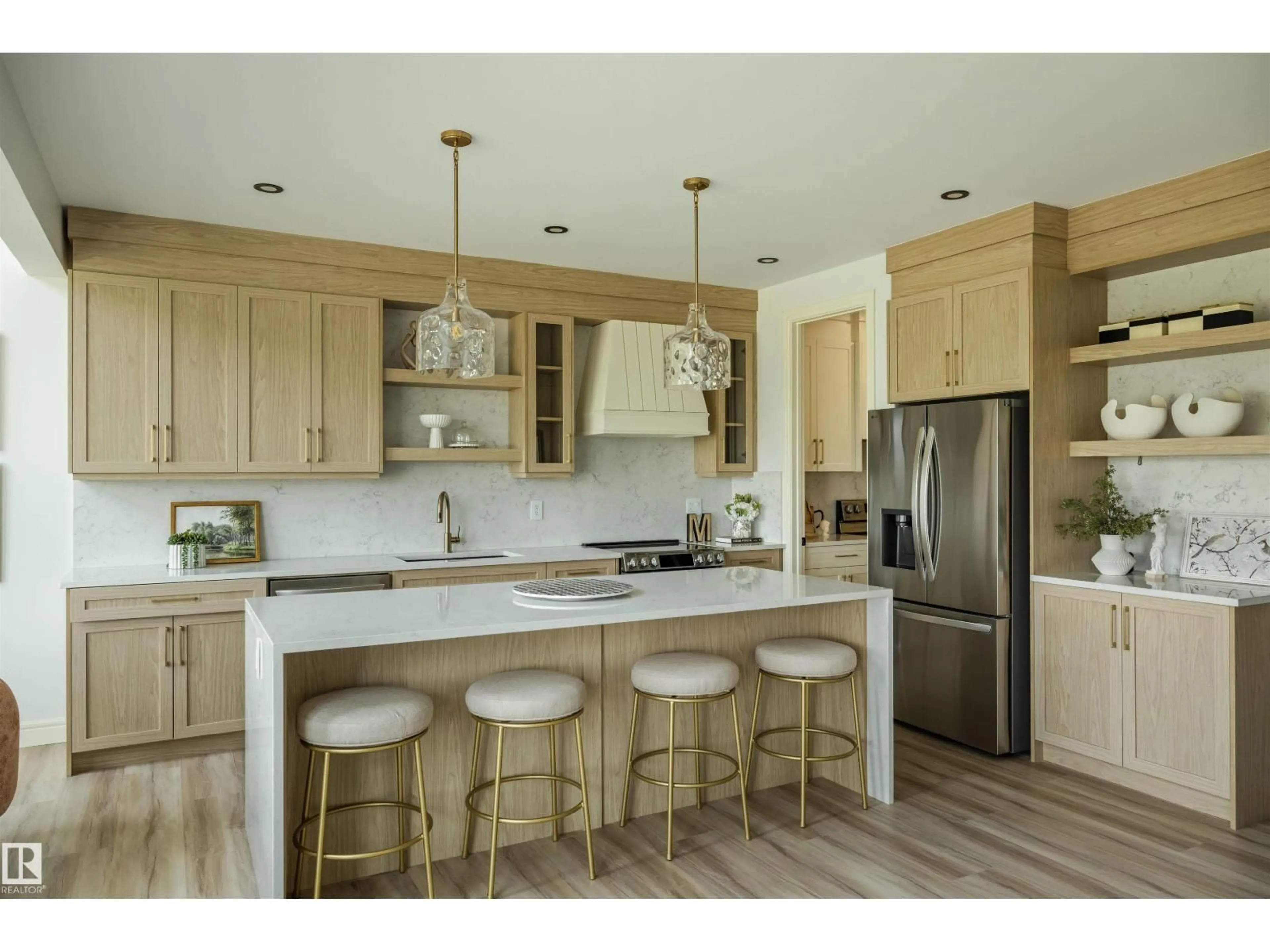 Open concept kitchen, wood/laminate floor for 3304 CHICKADEE DR, Edmonton Alberta T5V1R5