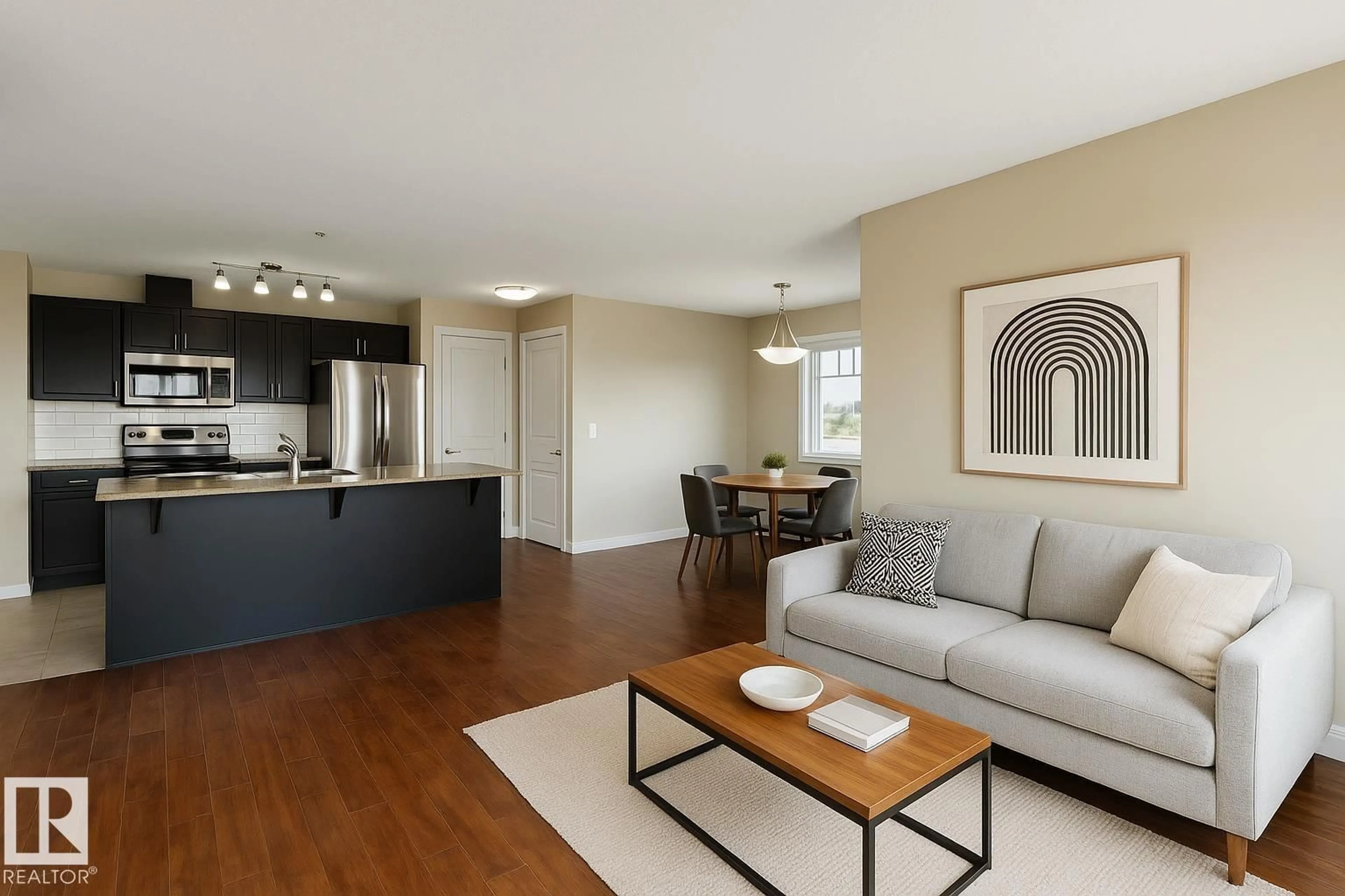 Living room with furniture, wood/laminate floor for #214 - 12660 142 AV, Edmonton Alberta T5X0J5