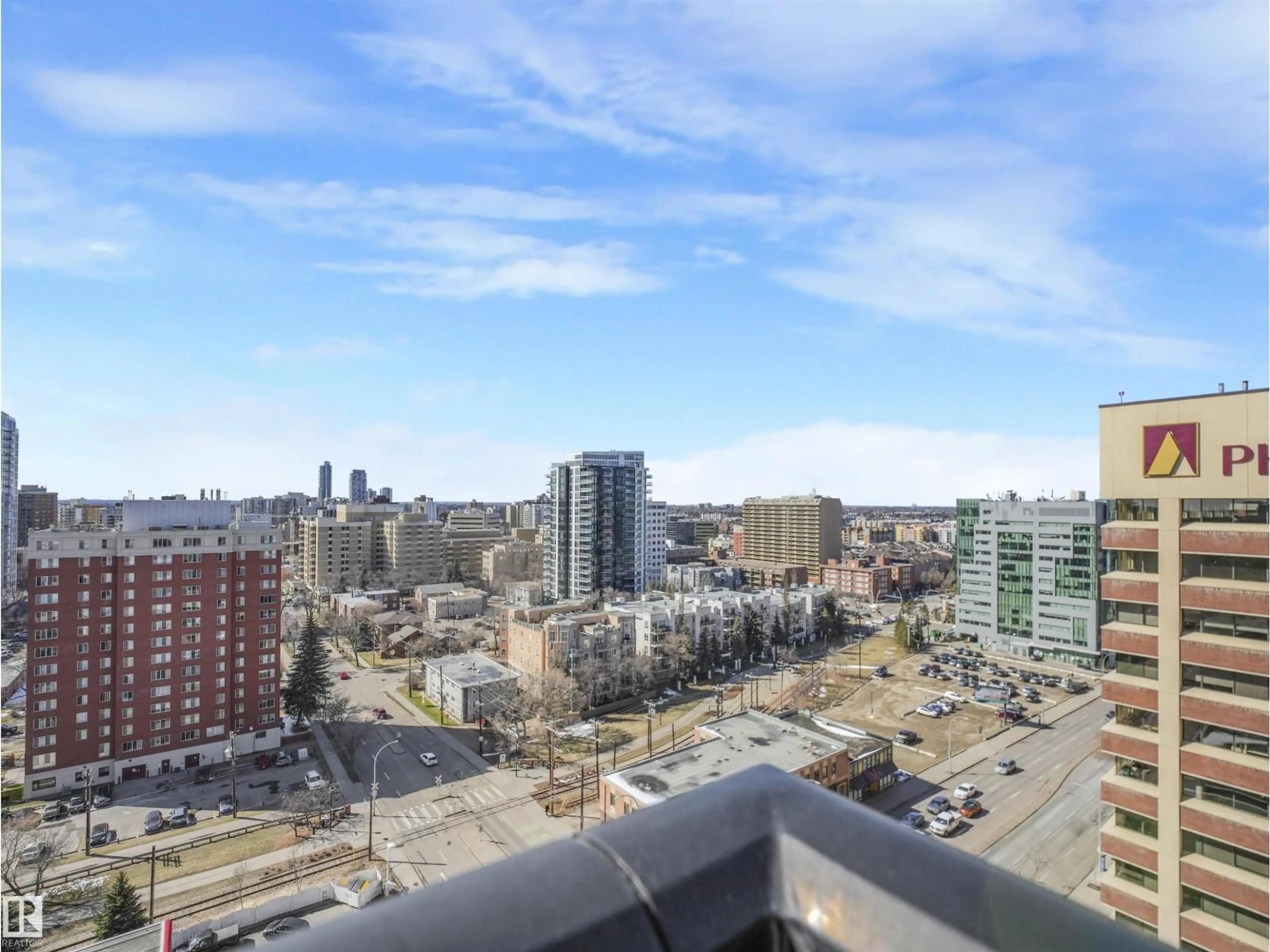 Balcony in the apartment, city buildings view from balcony for 1704 - 9939 109 ST, Edmonton Alberta T5K1H6