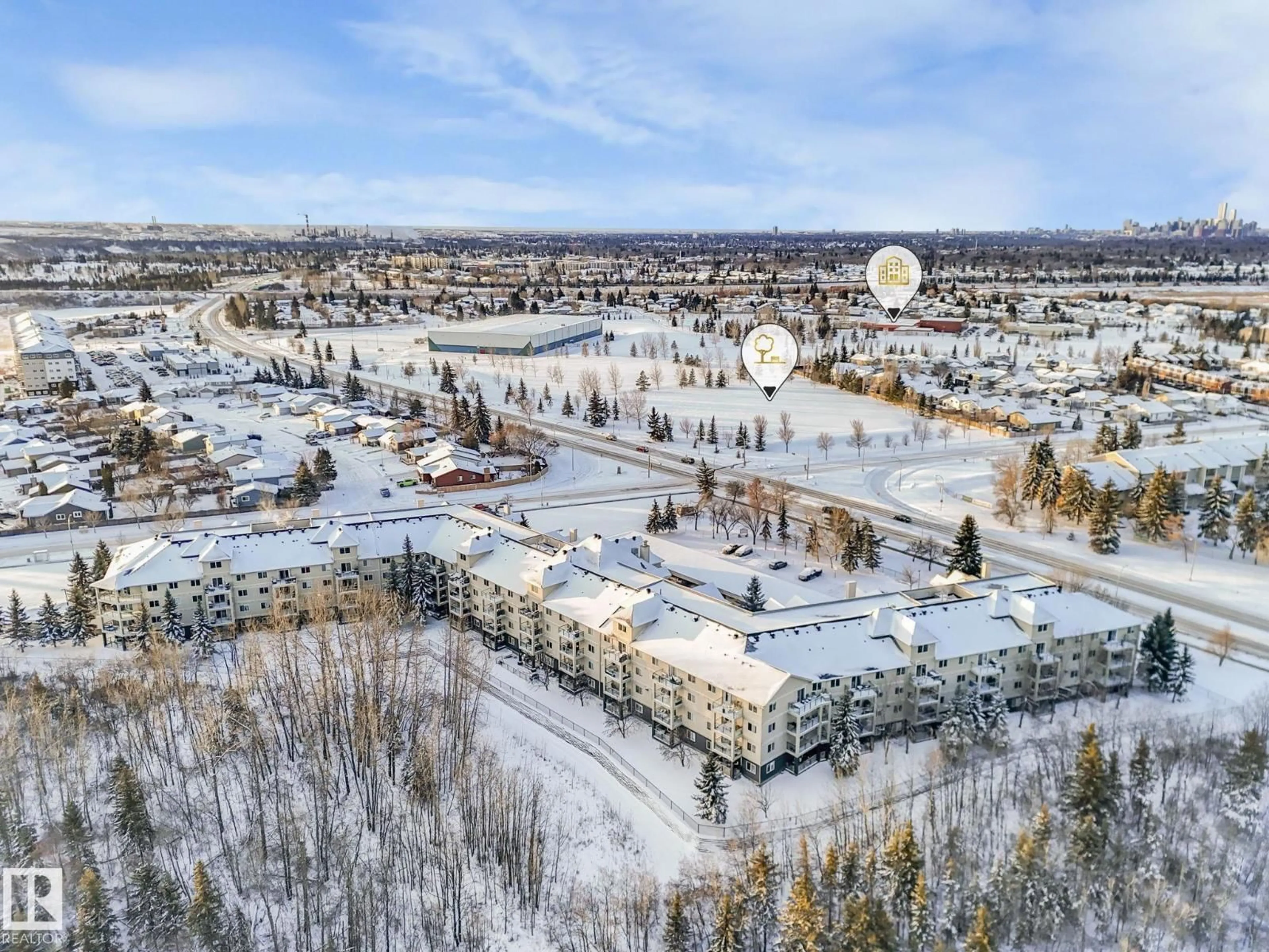 A pic from outside/outdoor area/front of a property/back of a property/a pic from drone, mountain view for #407 - 592 HOOKE RD, Edmonton Alberta T5A5H2
