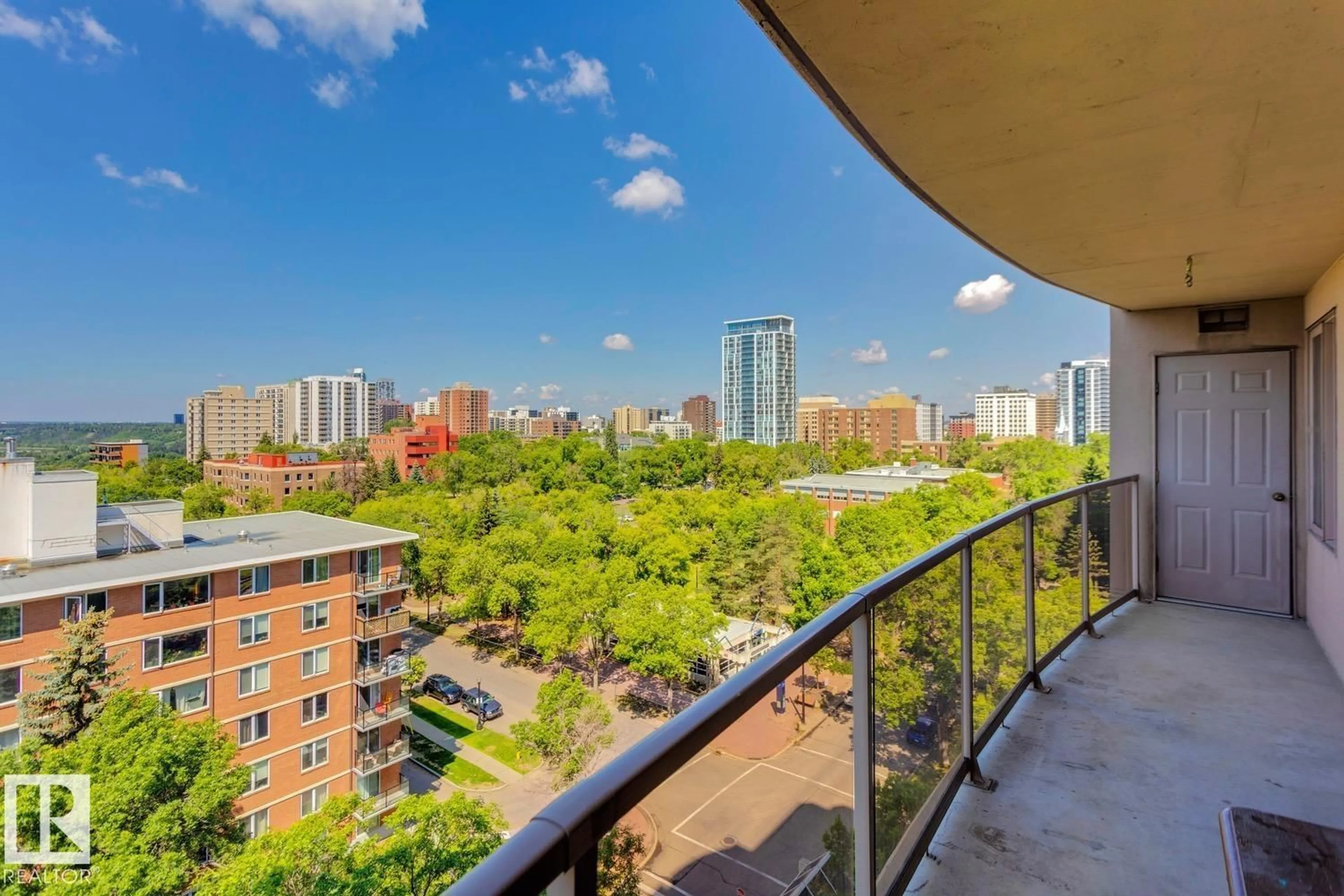 Balcony in the apartment, city buildings view from balcony for 1004 - 9741 110 ST NW, Edmonton Alberta T5K2V8