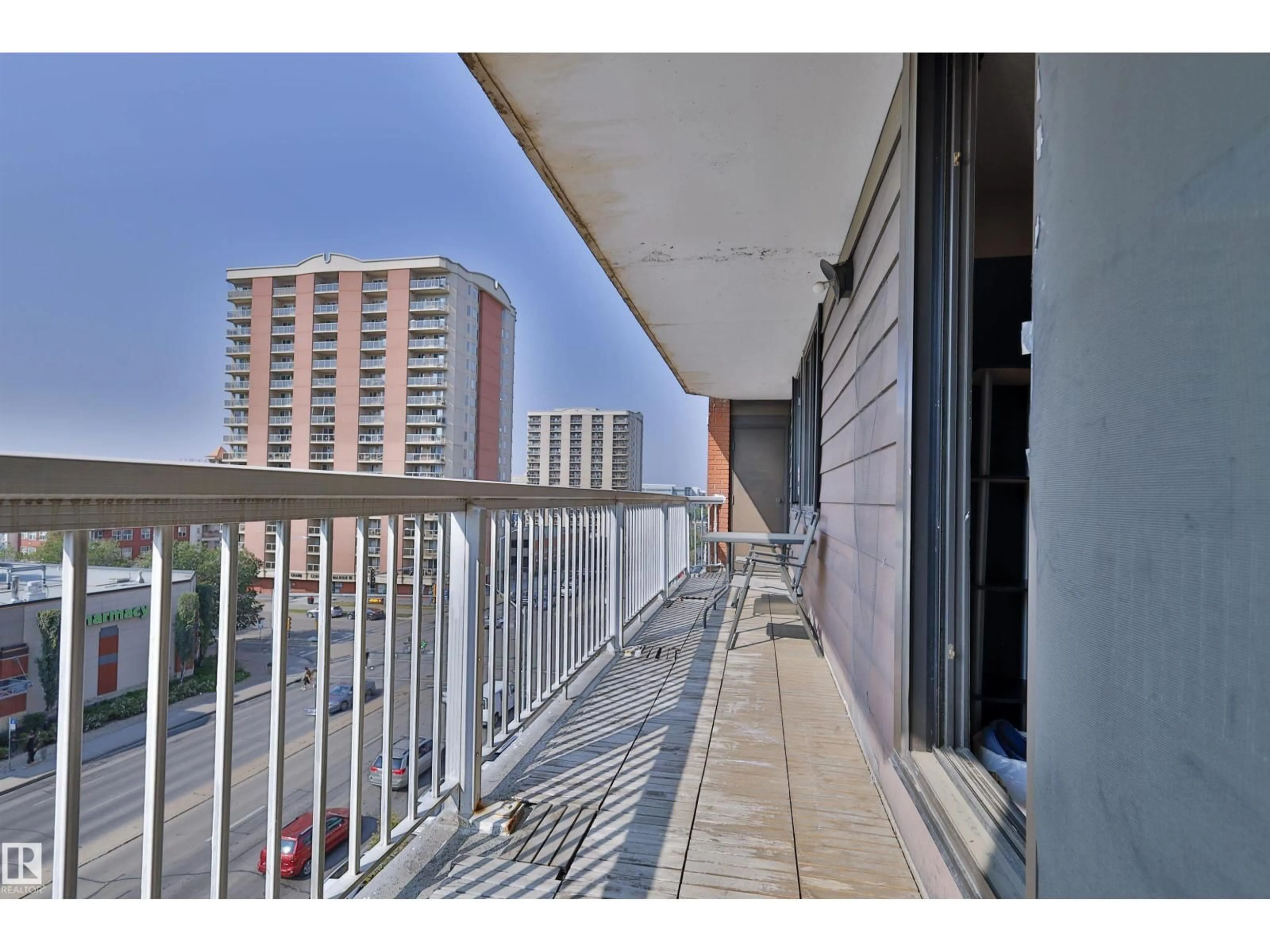 Balcony in the apartment, city buildings view from balcony for #505 - 10175 109 ST, Edmonton Alberta T5J3P2