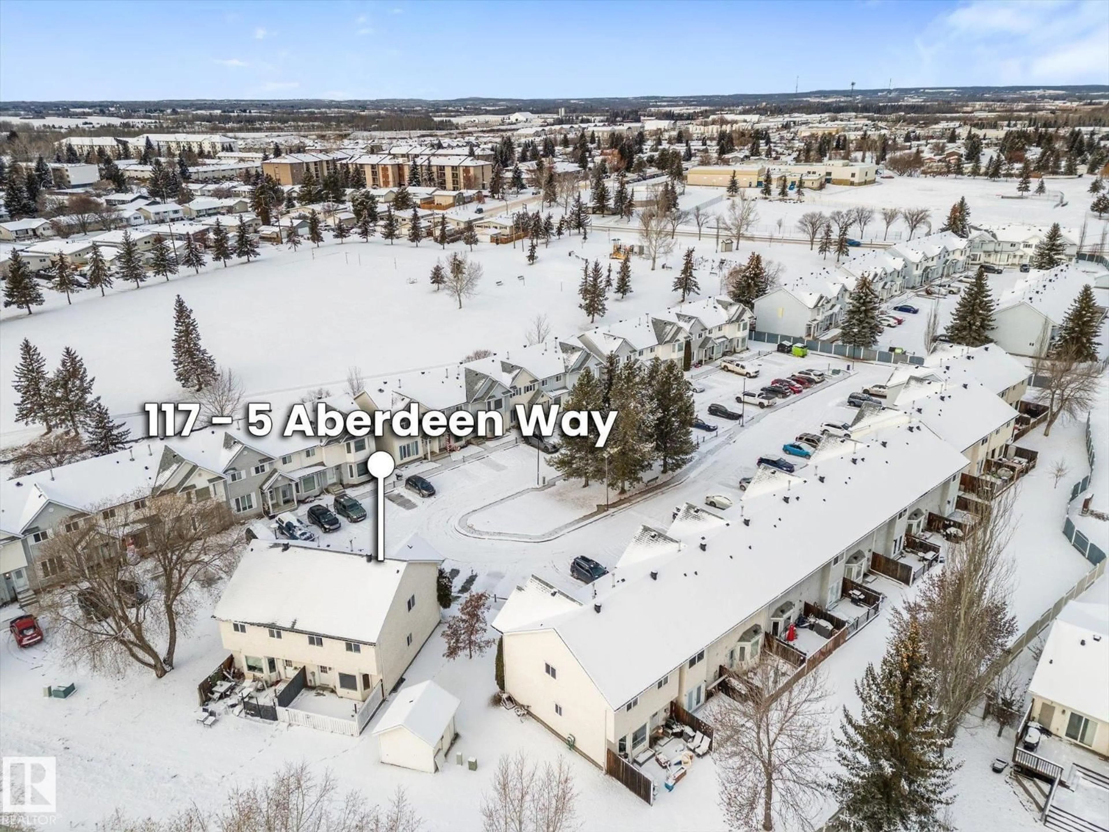 A pic from outside/outdoor area/front of a property/back of a property/a pic from drone, water/lake/river/ocean view for 5 - 117 ABERDEEN WY, Stony Plain Alberta T7Z1N1