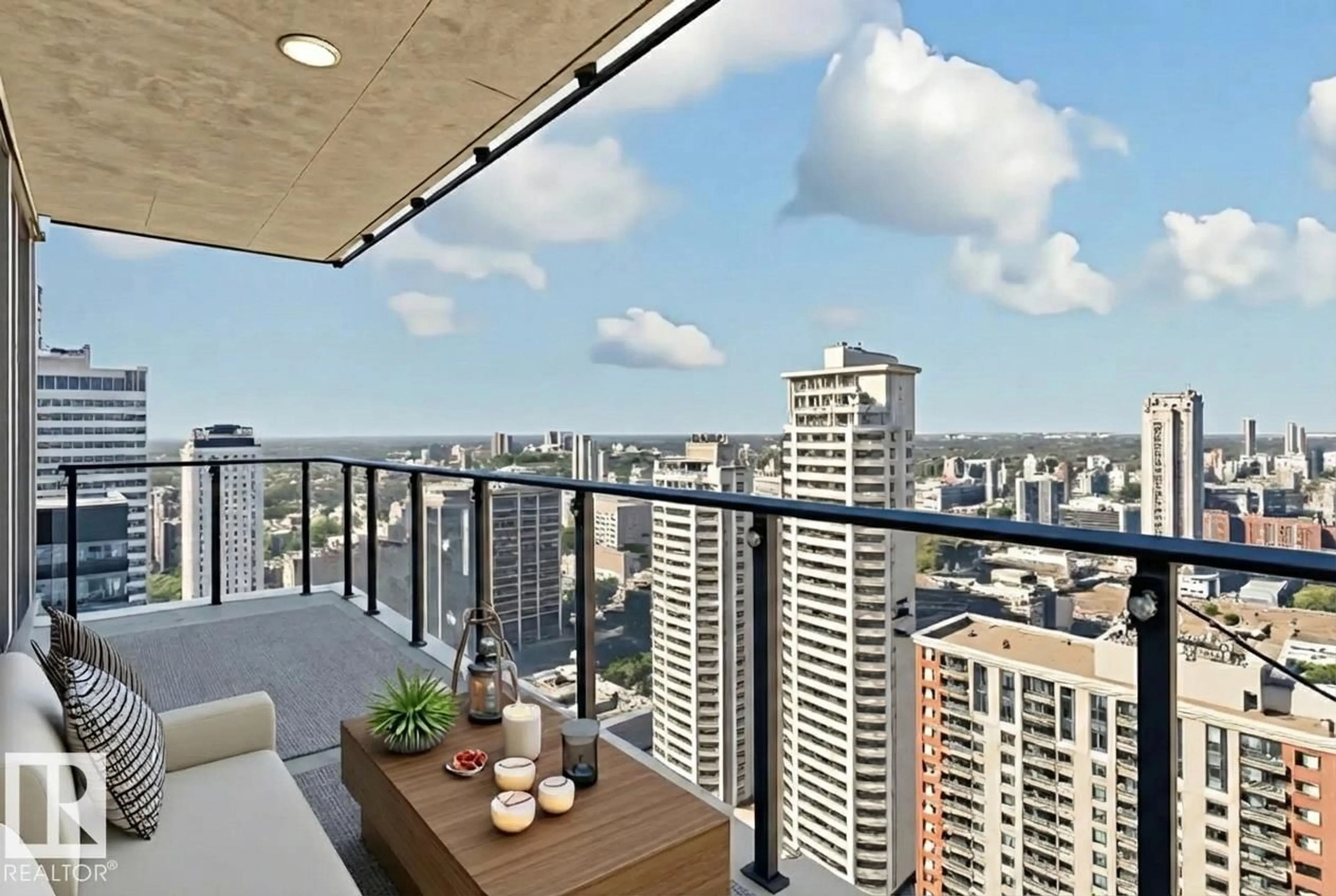 Balcony in the apartment, city buildings view from balcony for 3301 - 10180 103 ST NW, Edmonton Alberta T5J0L1