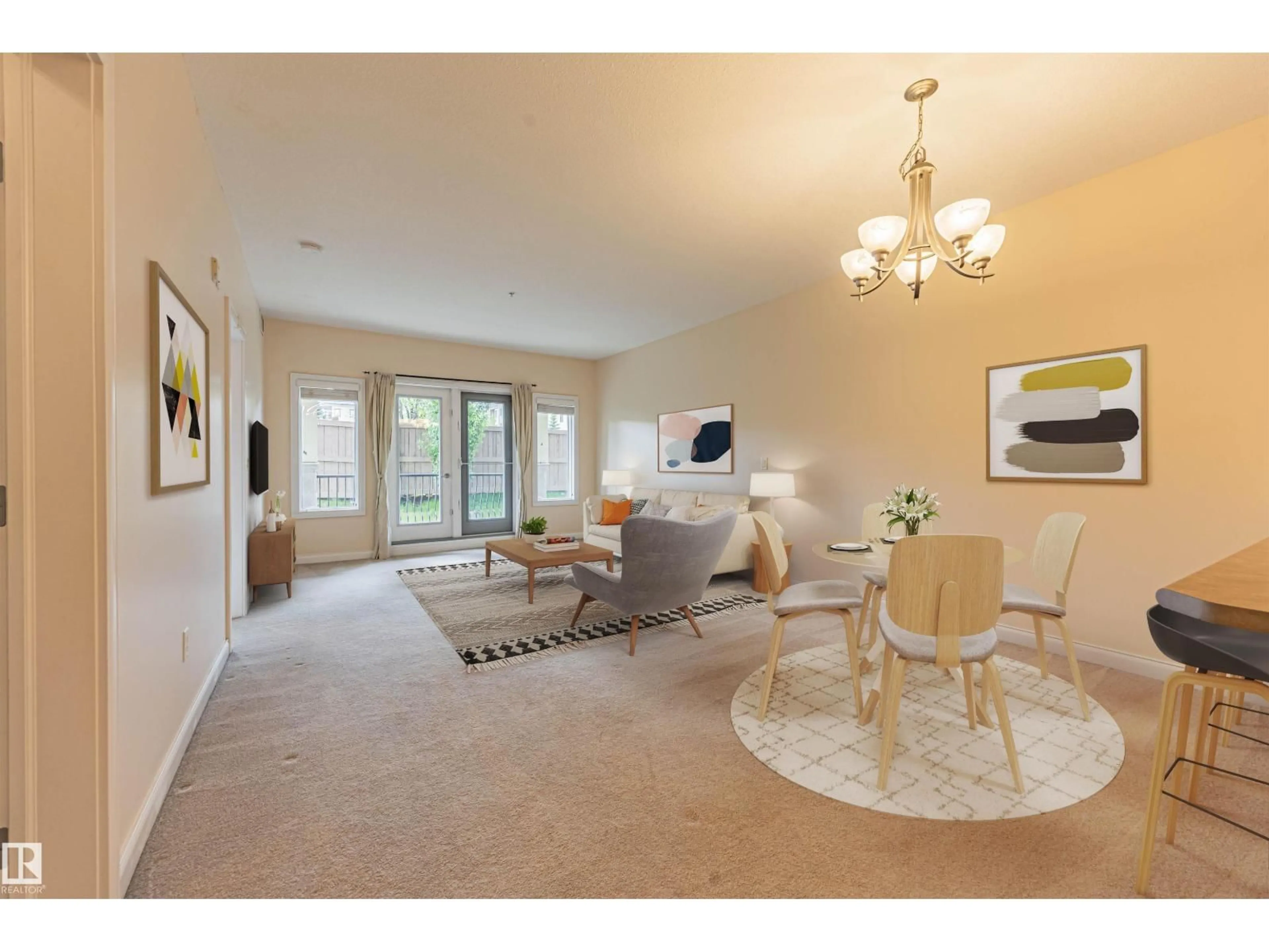 Living room with furniture, carpet floor for #110 - 1406 HODGSON WY, Edmonton Alberta T6R3K1