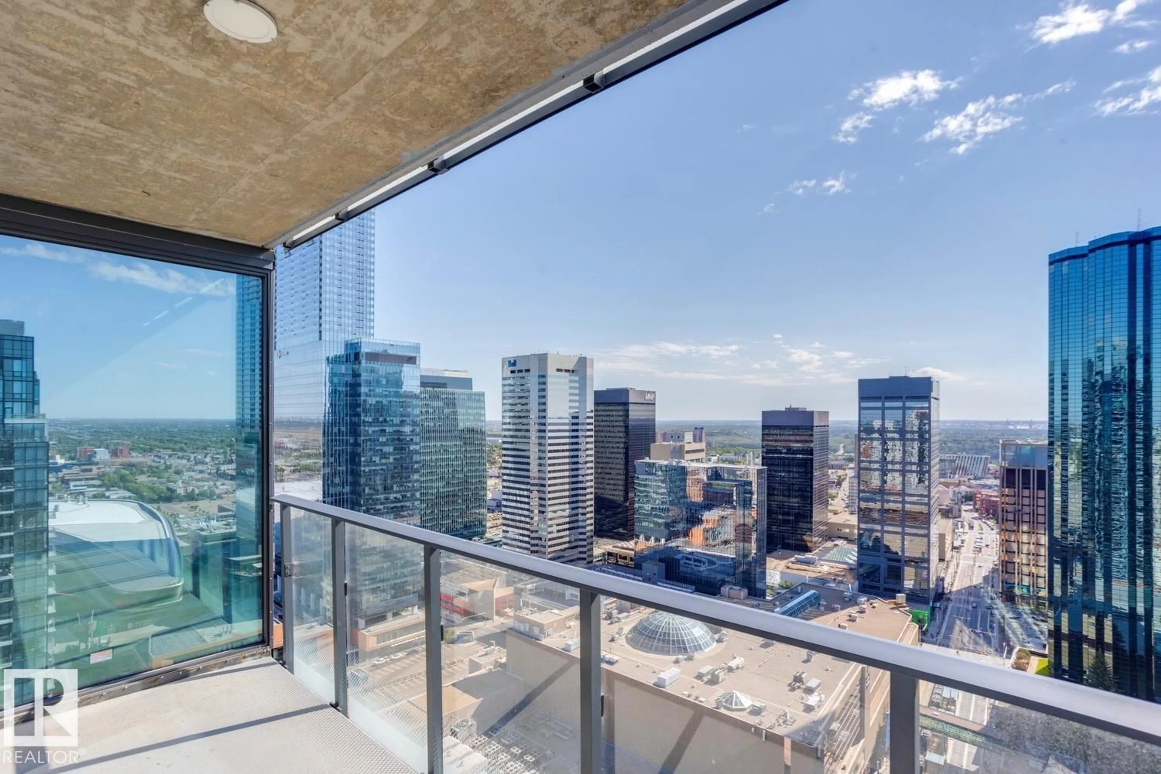 Balcony in the apartment, city buildings view from balcony for 3303 - 10180 103 ST NW, Edmonton Alberta T5J0L1