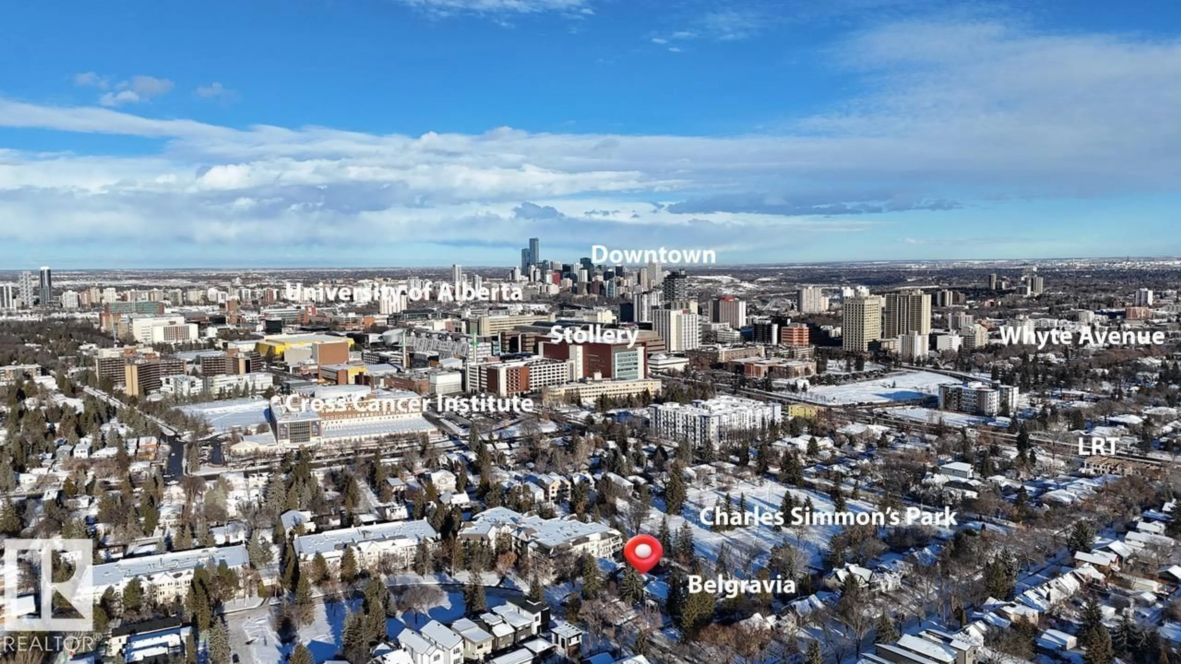 A pic from outside/outdoor area/front of a property/back of a property/a pic from drone, city buildings view from balcony for 7809 116 ST NW, Edmonton Alberta T6G1P5