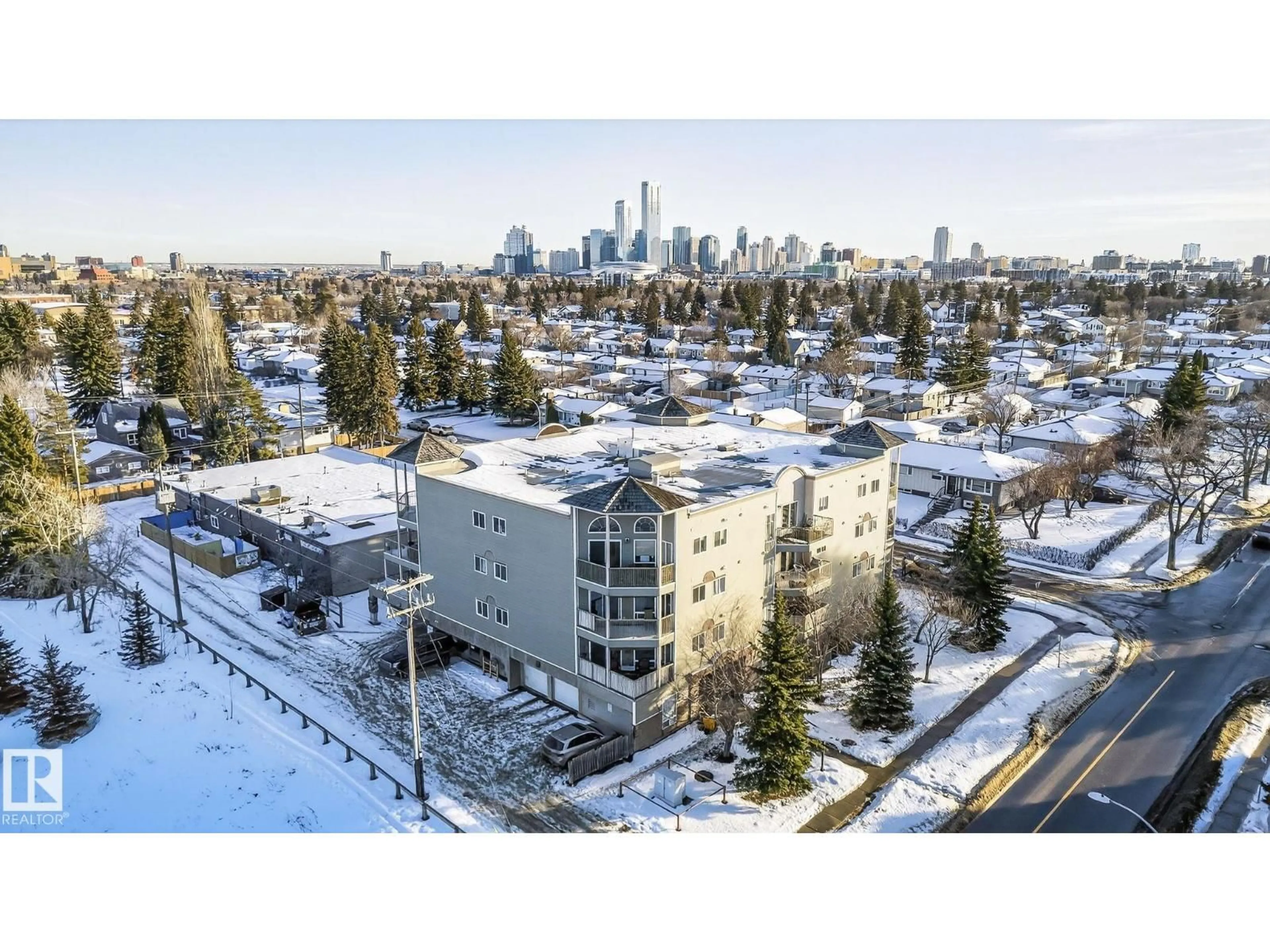 A pic from outside/outdoor area/front of a property/back of a property/a pic from drone, city buildings view from balcony for #404 - 11207 116 ST, Edmonton Alberta T5G3K5
