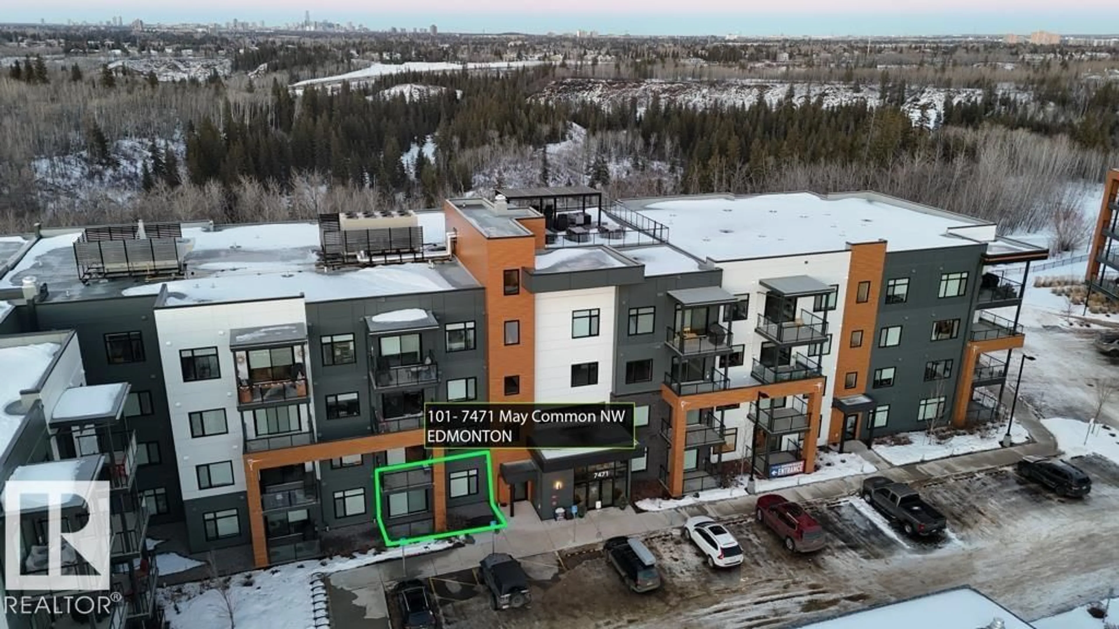 A pic from outside/outdoor area/front of a property/back of a property/a pic from drone, city buildings view from balcony for #101 - 7471 MAY CM, Edmonton Alberta T6R0V2