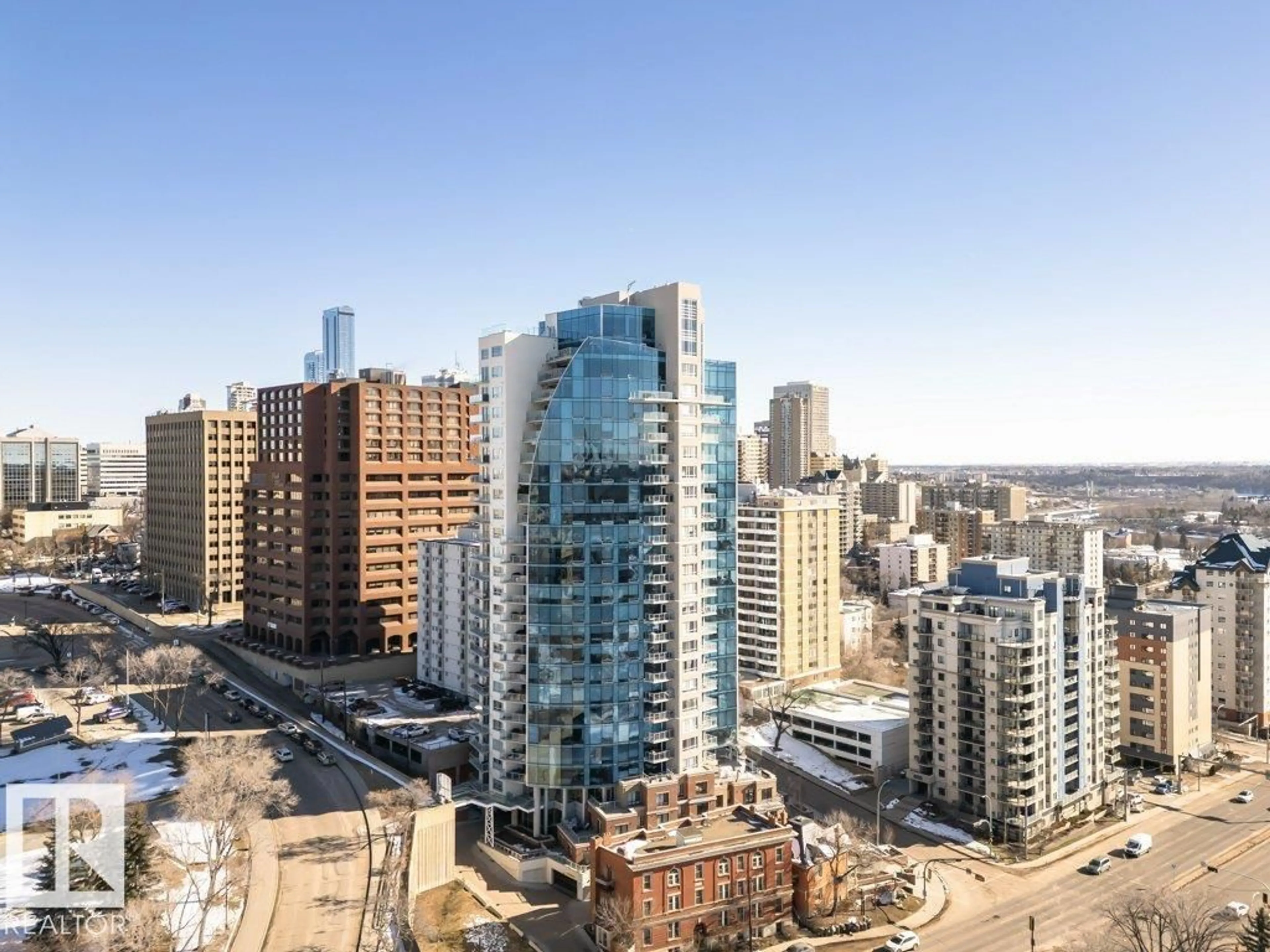 A pic from outside/outdoor area/front of a property/back of a property/a pic from drone, city buildings view from balcony for 601 - 9720 106 ST, Edmonton Alberta T5K0K8