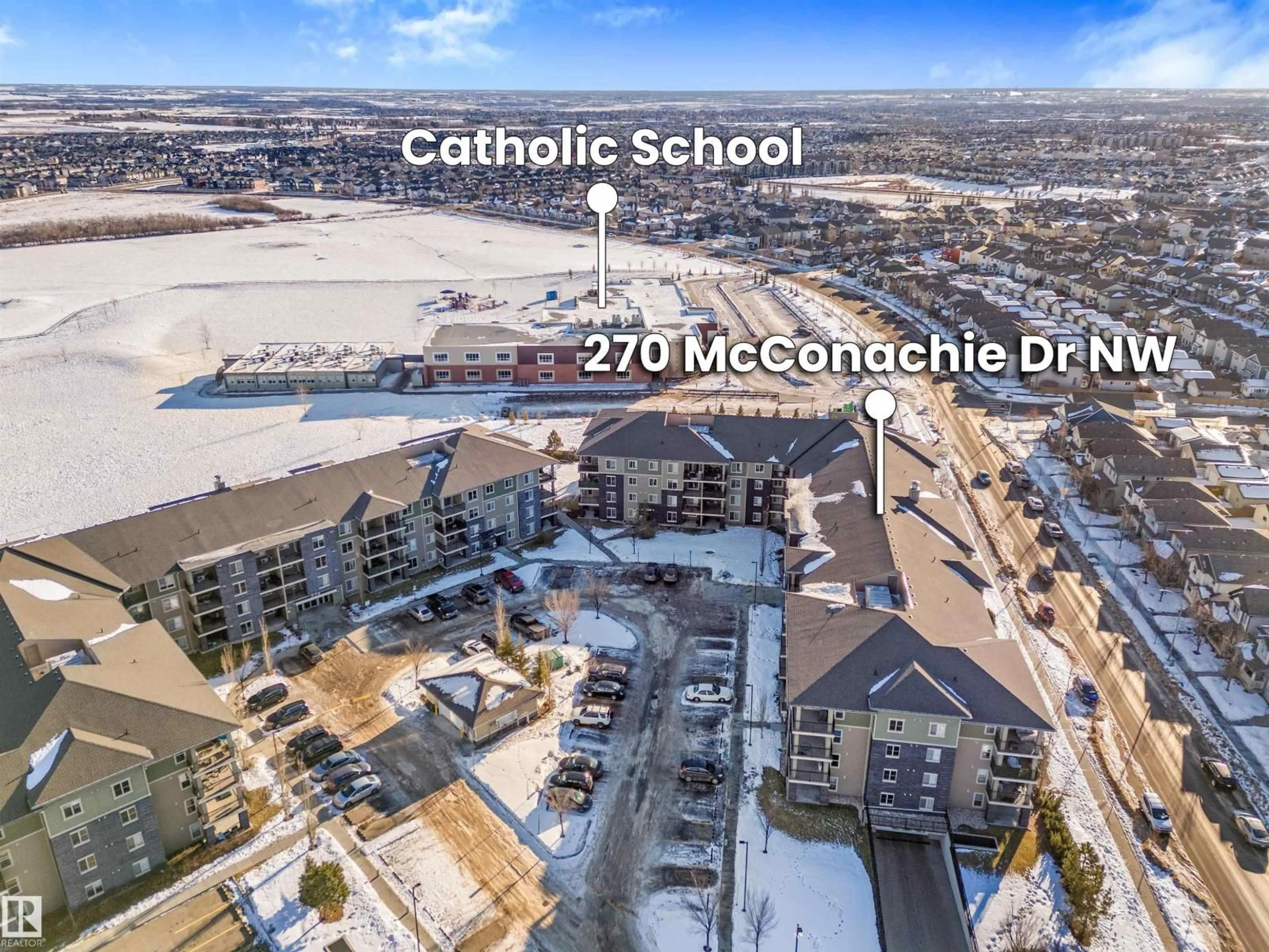 A pic from outside/outdoor area/front of a property/back of a property/a pic from drone, city buildings view from balcony for #313 - 270 MCCONACHIE DR, Edmonton Alberta T5Y3N4