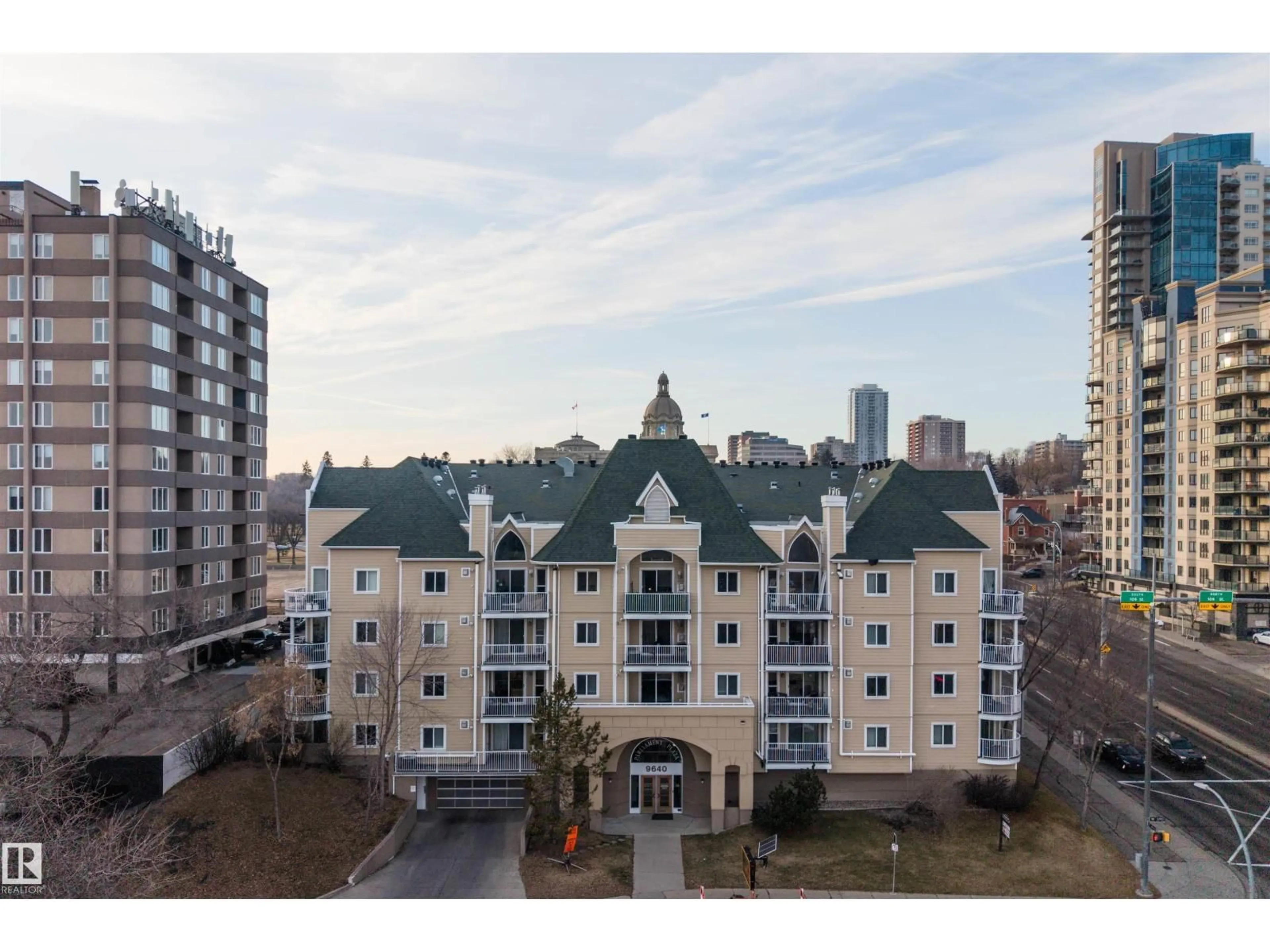 A pic from outside/outdoor area/front of a property/back of a property/a pic from drone, city buildings view from balcony for #201 - 9640 105 ST NW, Edmonton Alberta T5K0Z7