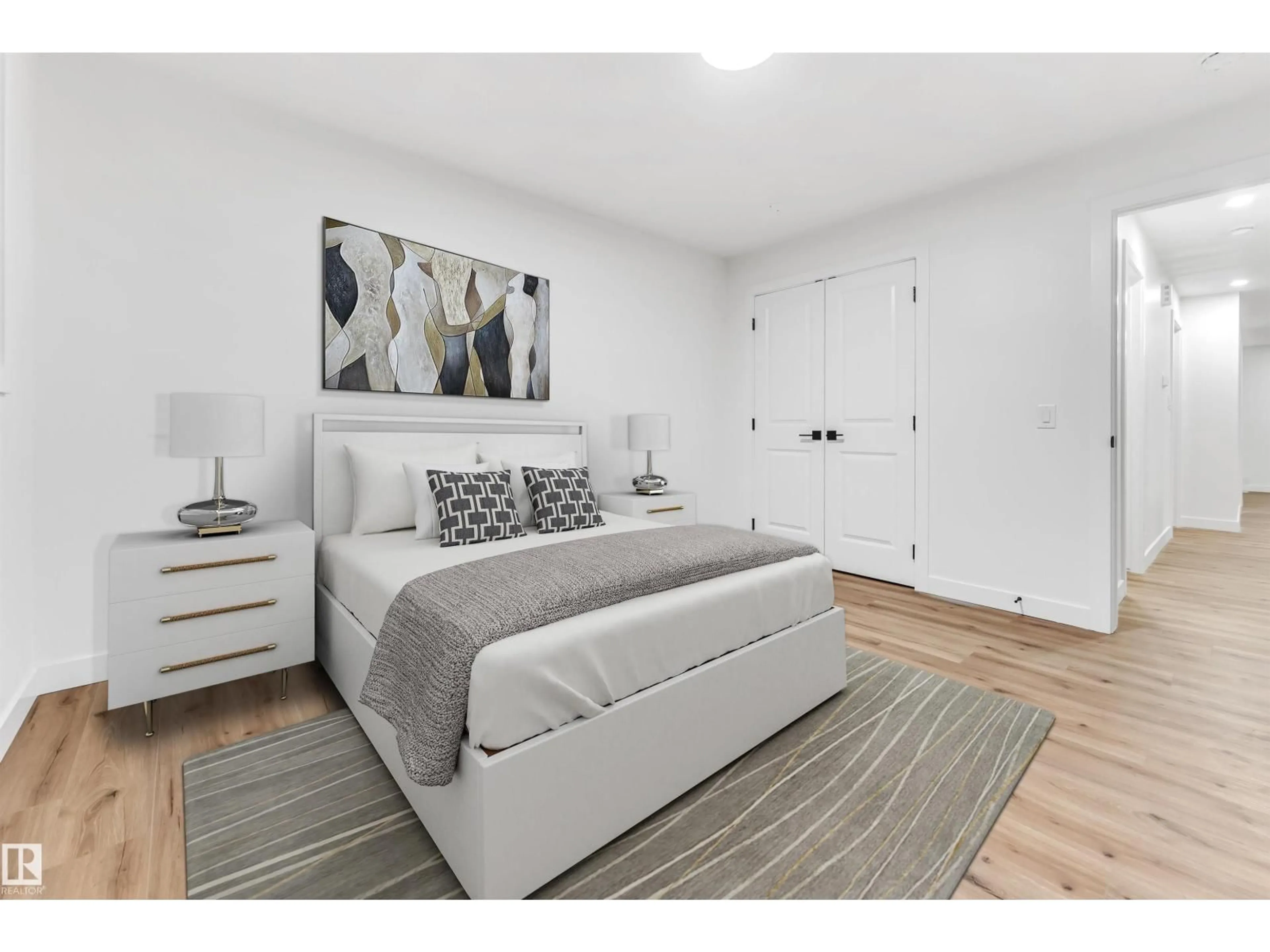 Bedroom with bed, wood/laminate floor for 4616 32 AV, Edmonton Alberta T6L5J4