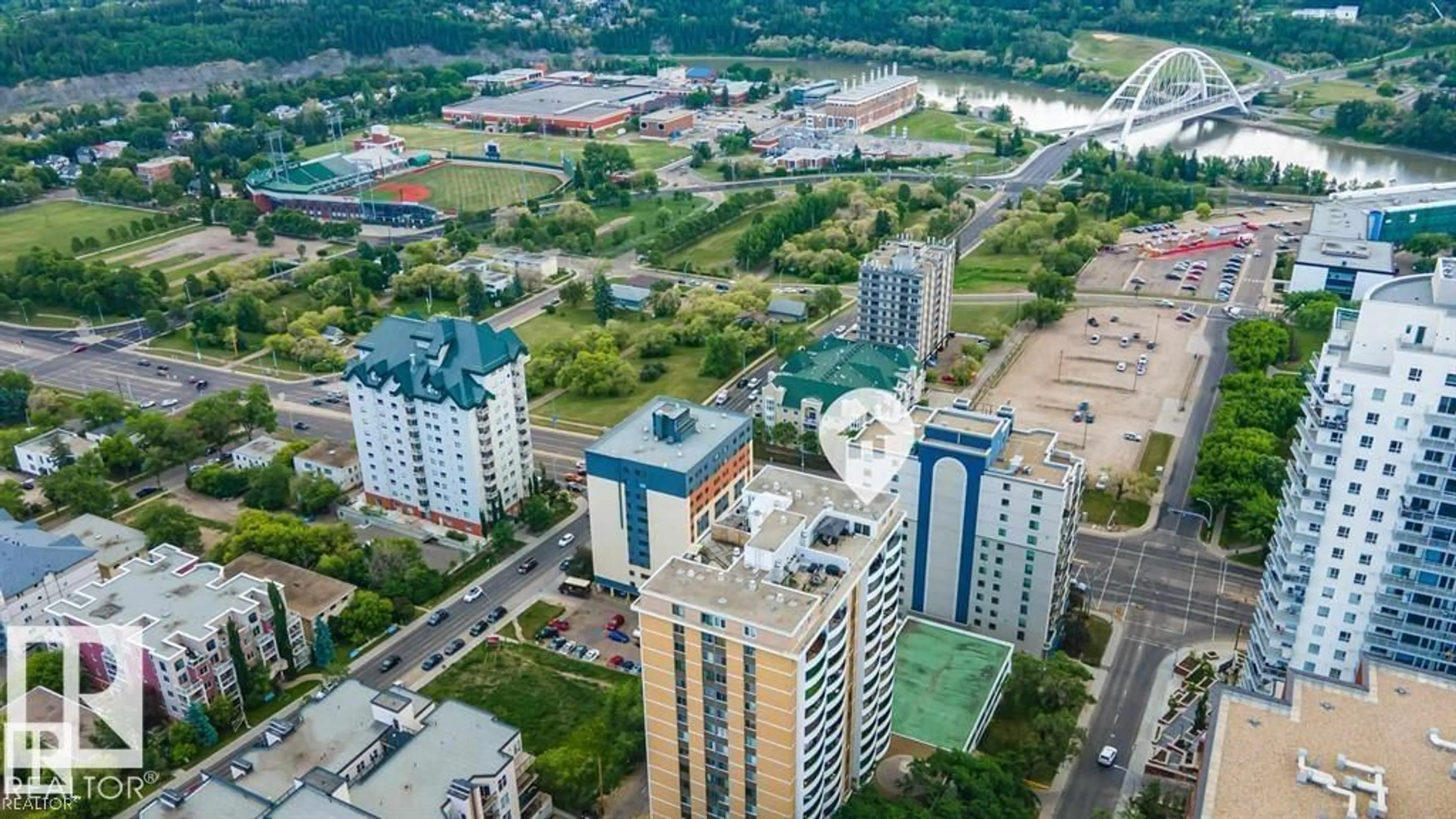 A pic from outside/outdoor area/front of a property/back of a property/a pic from drone, city buildings view from balcony for PH4 - 9725 106 ST, Edmonton Alberta T5K1B5