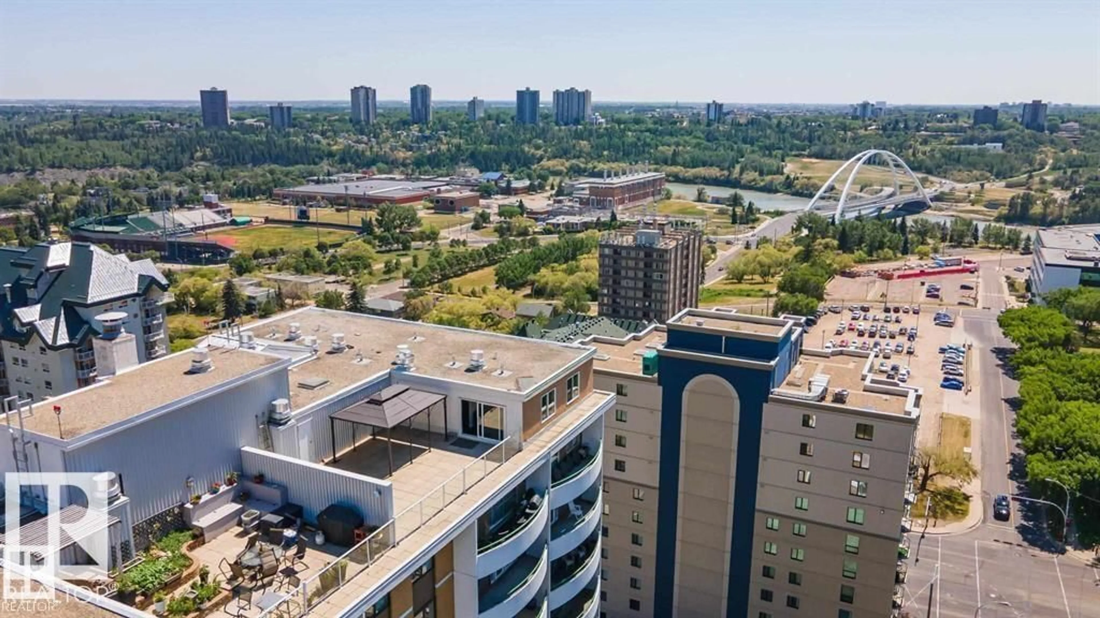 A pic from outside/outdoor area/front of a property/back of a property/a pic from drone, city buildings view from balcony for PH4 - 9725 106 ST, Edmonton Alberta T5K1B5