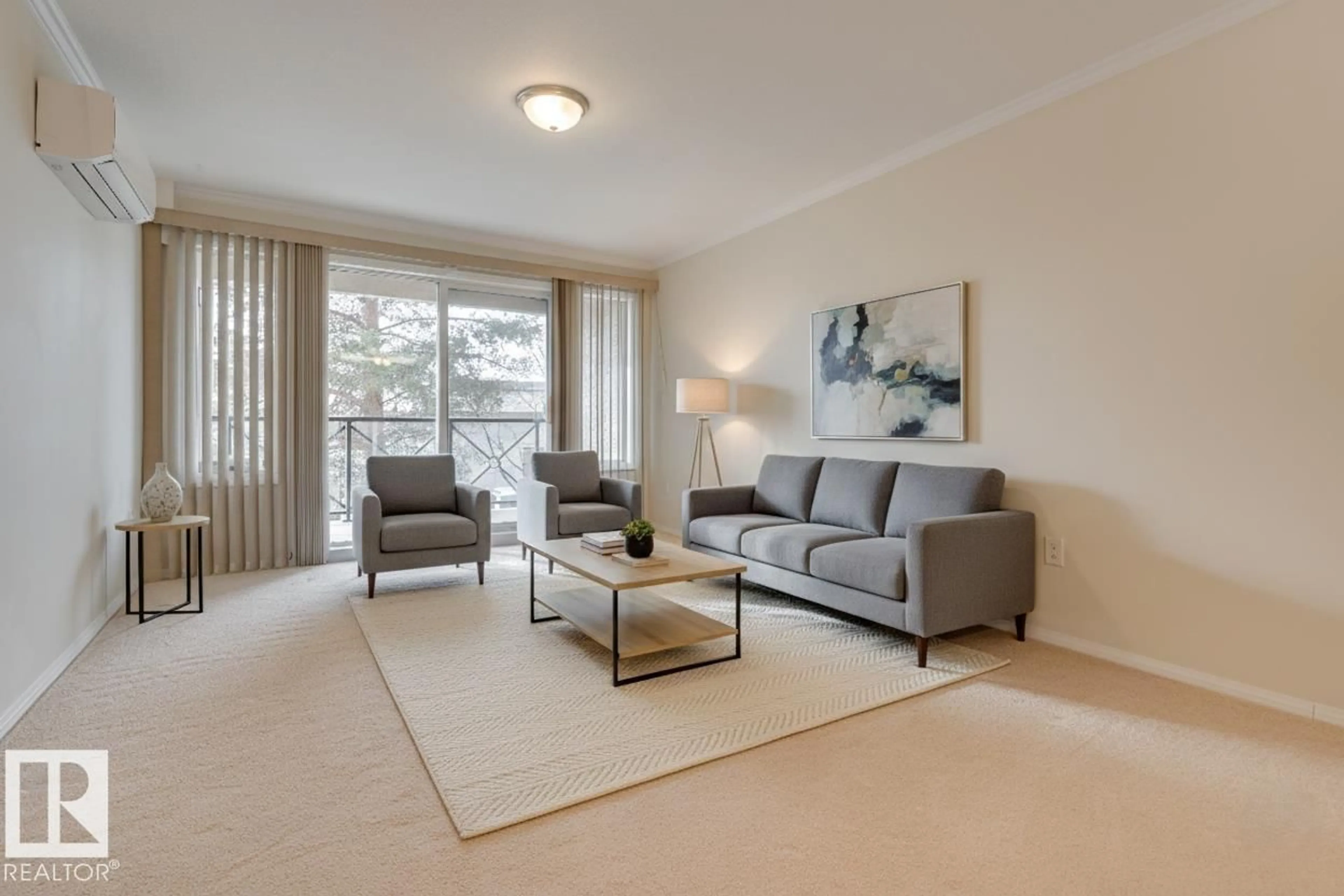 Living room with furniture, carpet floor for #208 - 8912 156 ST, Edmonton Alberta T5R5Z2