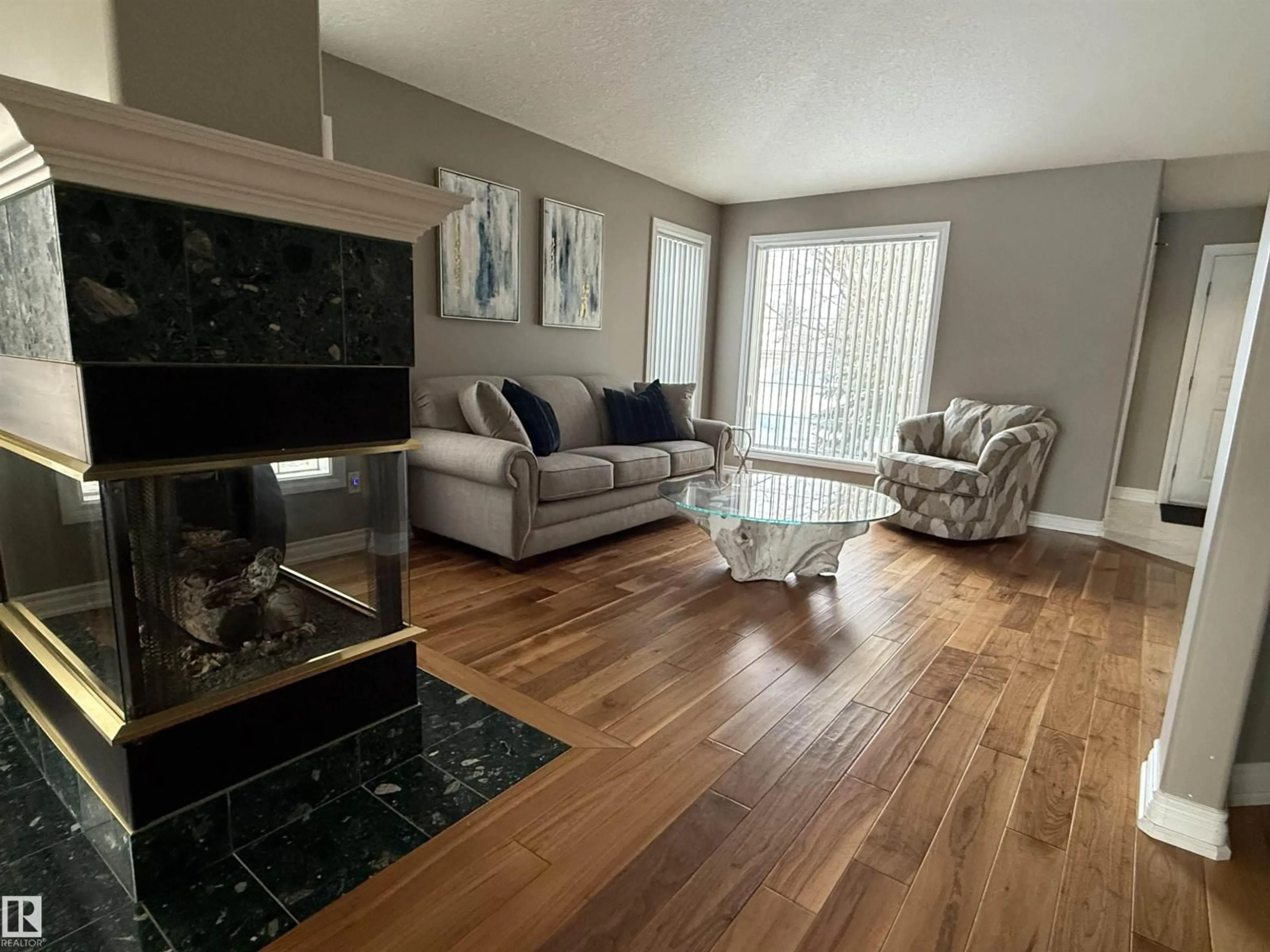 Living room with furniture, wood/laminate floor for 17 925 PICARD DR, Edmonton Alberta T5T6H3