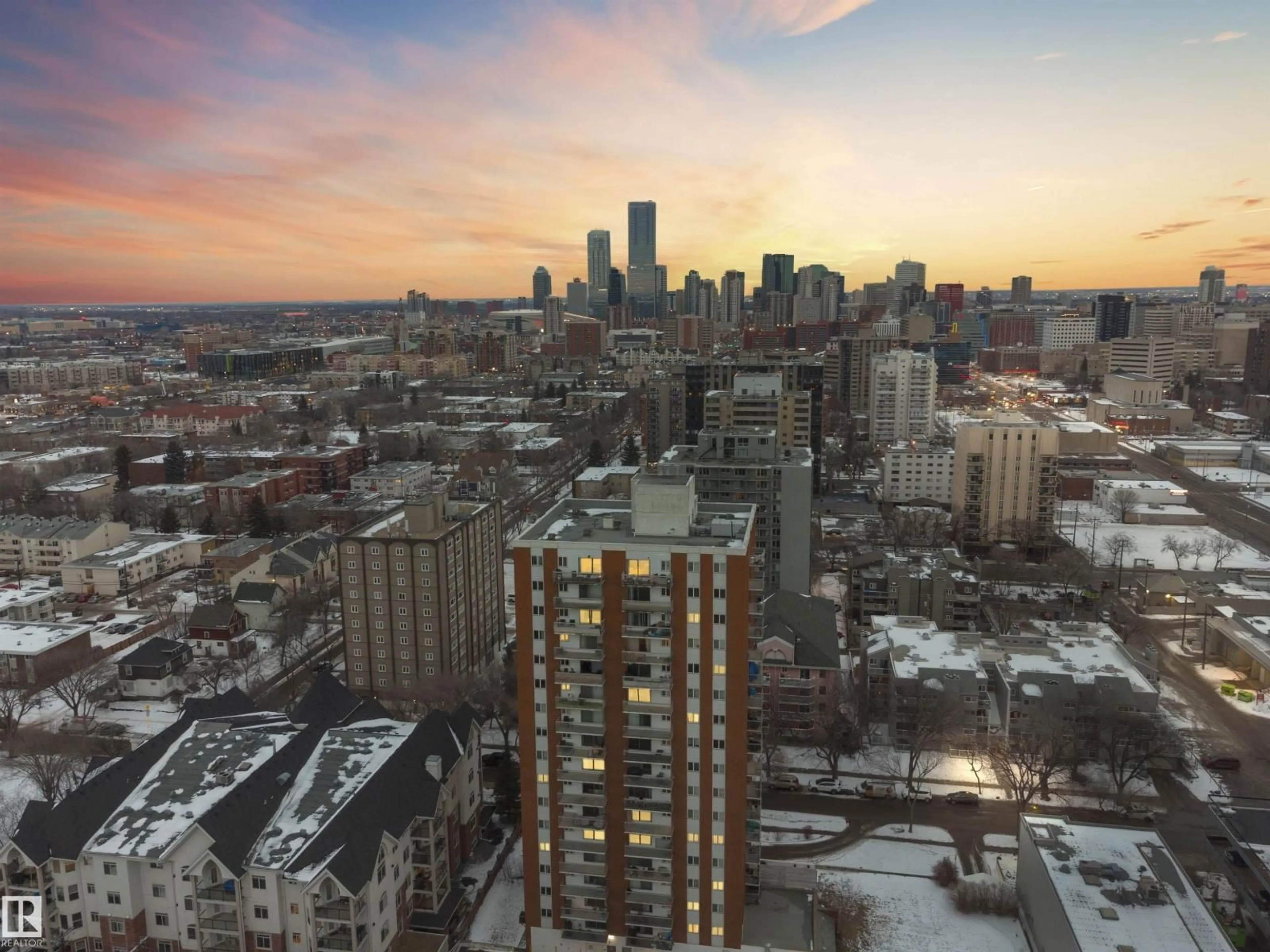 A pic from outside/outdoor area/front of a property/back of a property/a pic from drone, city buildings view from balcony for 1504 - 10150 117 ST, Edmonton Alberta T5K2J2