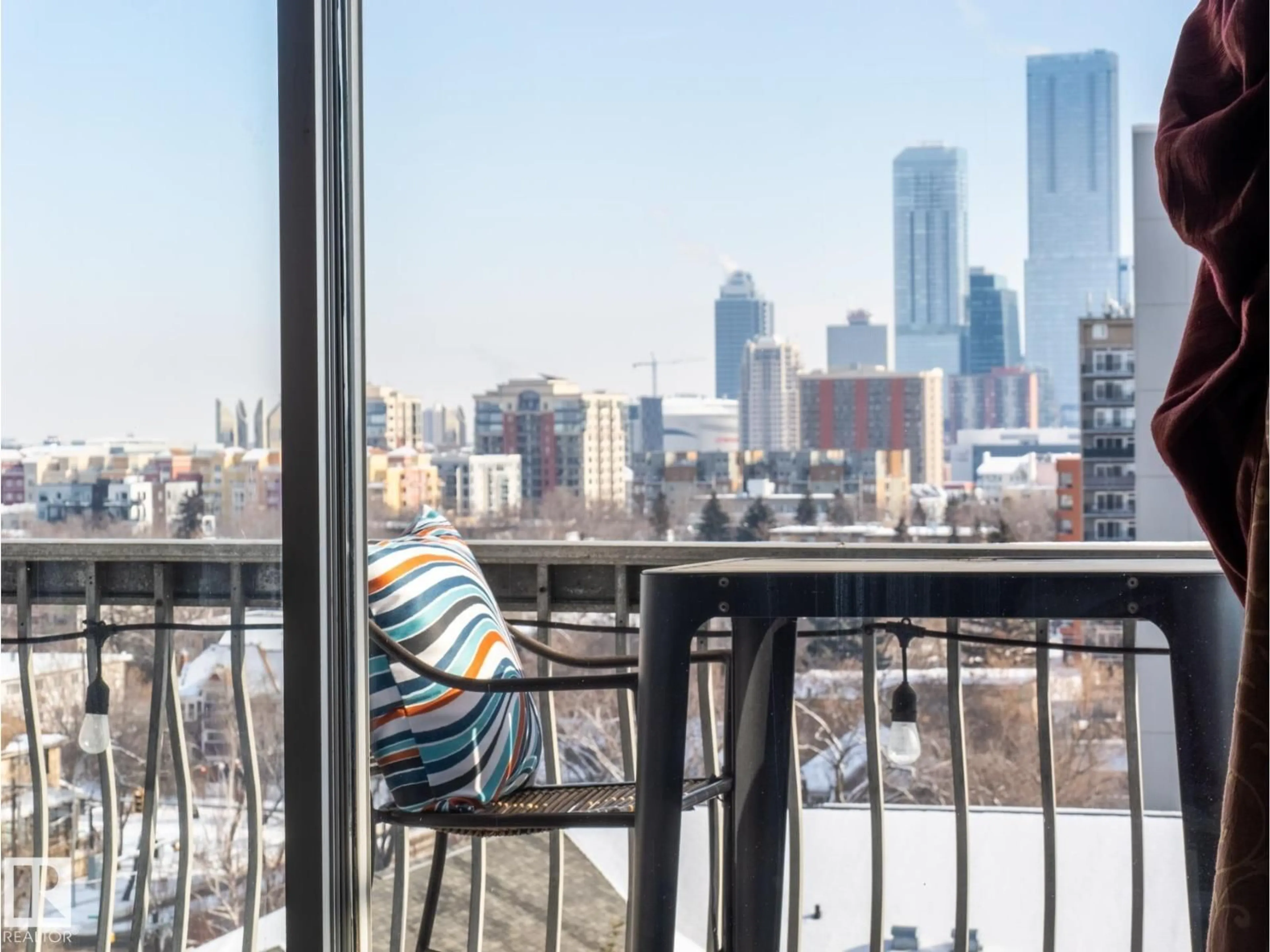 Balcony in the apartment, city buildings view from balcony for 1504 - 10150 117 ST, Edmonton Alberta T5K2J2