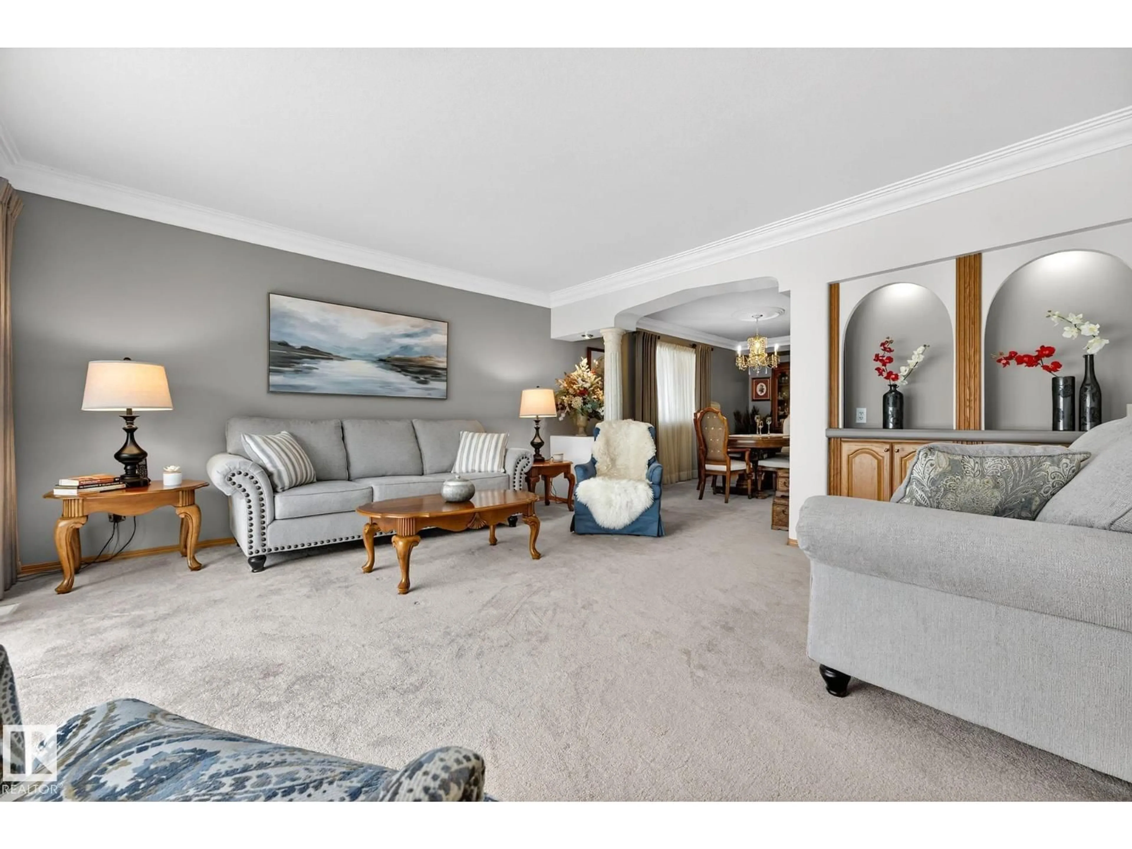 Living room with furniture, carpet floor for 3455 HILL VIEW CR, Edmonton Alberta T6L2C9