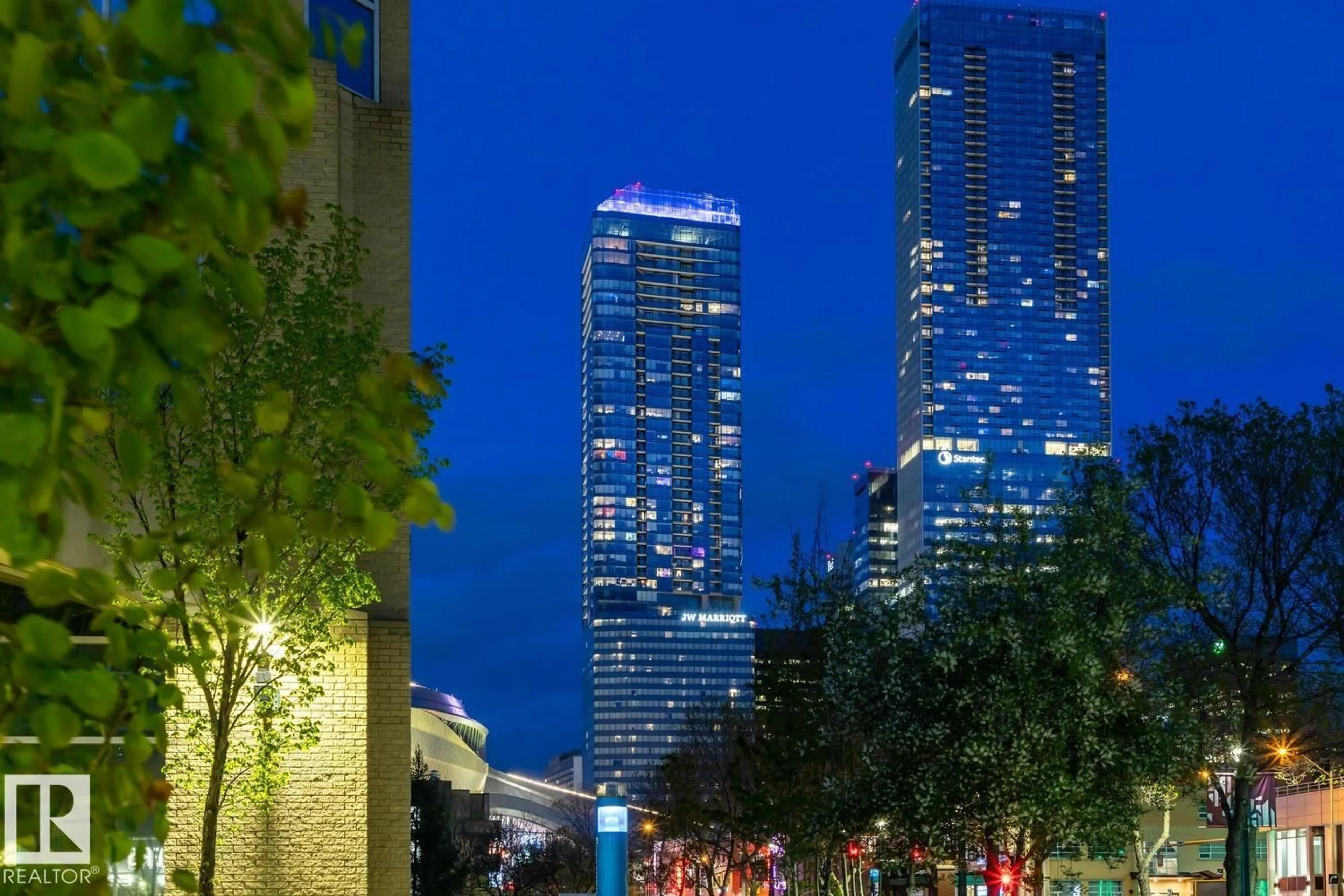 Patio, city buildings view from balcony for 10360 102 ST NW - 2303 102 ST, Edmonton Alberta T5J0K6