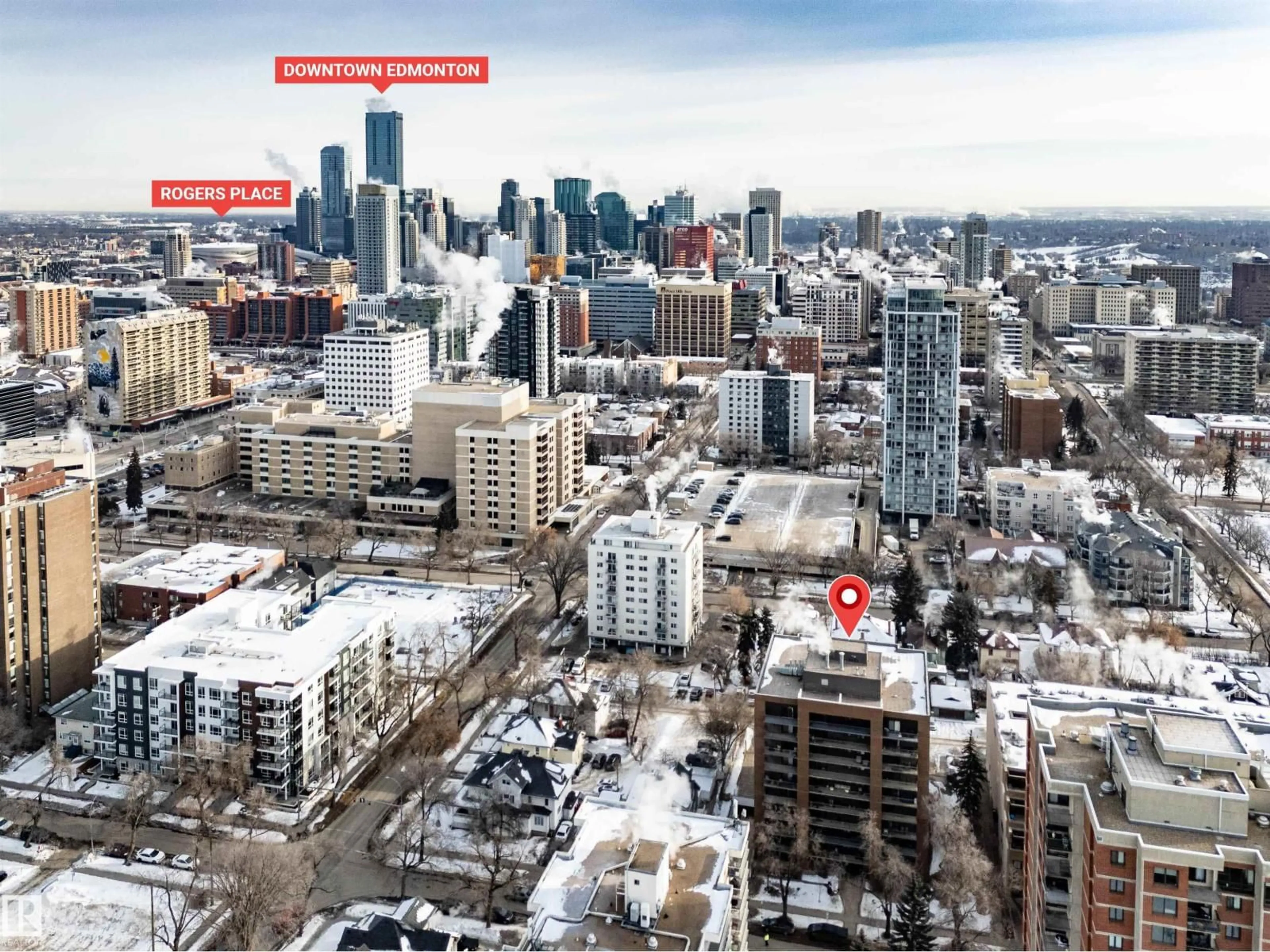 A pic from outside/outdoor area/front of a property/back of a property/a pic from drone, city buildings view from balcony for #402 - 9929 113 ST, Edmonton Alberta T5K2N9