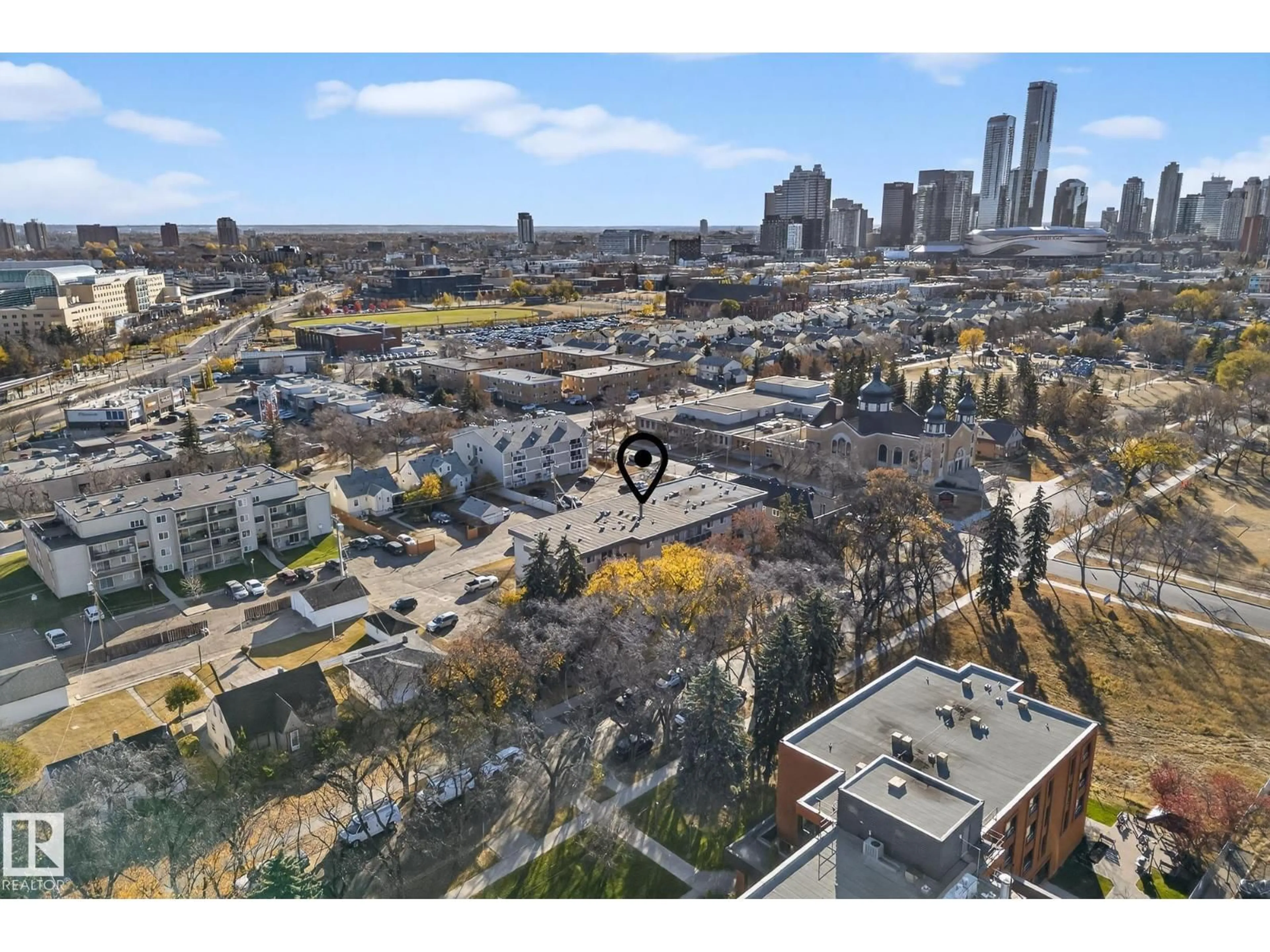 A pic from outside/outdoor area/front of a property/back of a property/a pic from drone, city buildings view from balcony for 405 - 11019 107 ST, Edmonton Alberta T5H2Z6