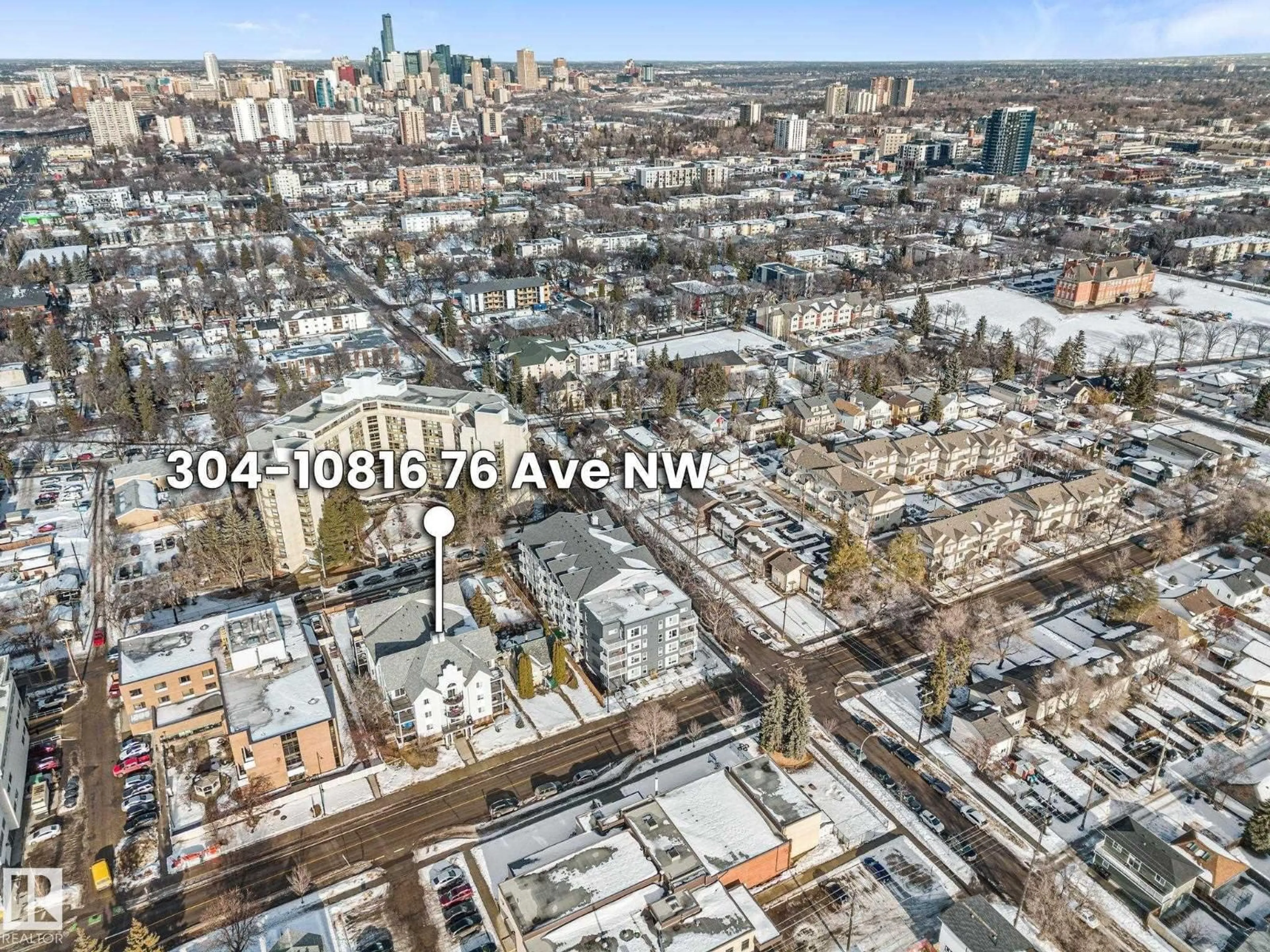 A pic from outside/outdoor area/front of a property/back of a property/a pic from drone, city buildings view from balcony for #304 - 10816 76 AV, Edmonton Alberta T6E6L3