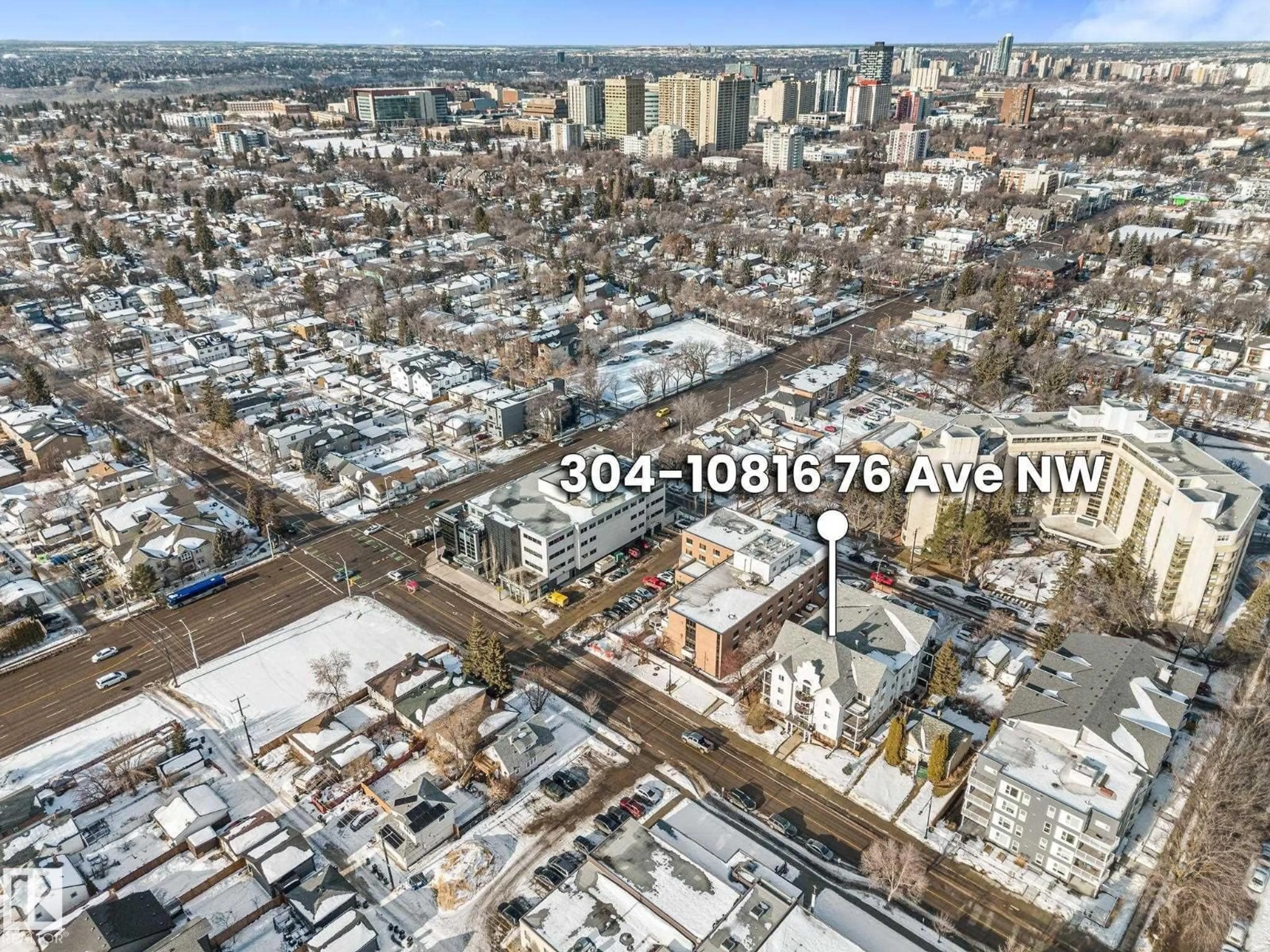 A pic from outside/outdoor area/front of a property/back of a property/a pic from drone, city buildings view from balcony for #304 - 10816 76 AV, Edmonton Alberta T6E6L3