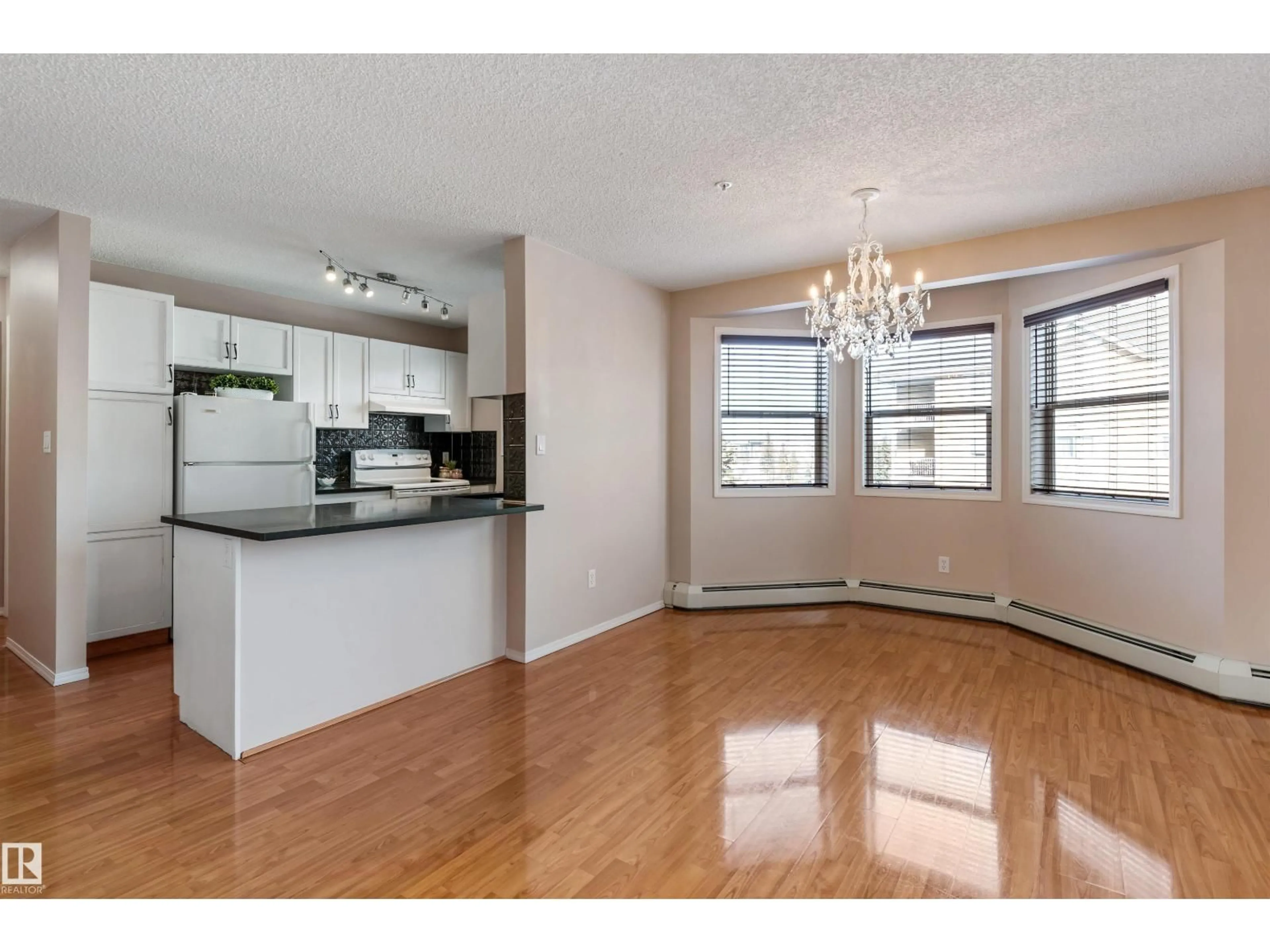Open concept kitchen, wood/laminate floor for #327 - 17459 98A AV, Edmonton Alberta T5T6H8