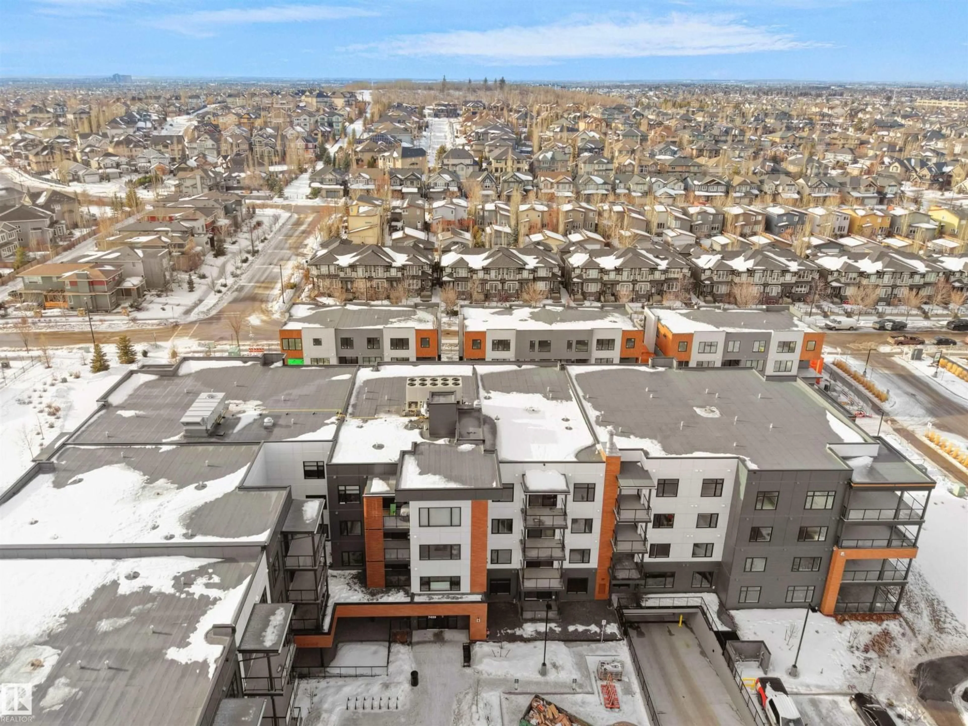 A pic from outside/outdoor area/front of a property/back of a property/a pic from drone, city buildings view from balcony for 402 - 7459 MAY COMMON NW, Edmonton Alberta T6R0X6