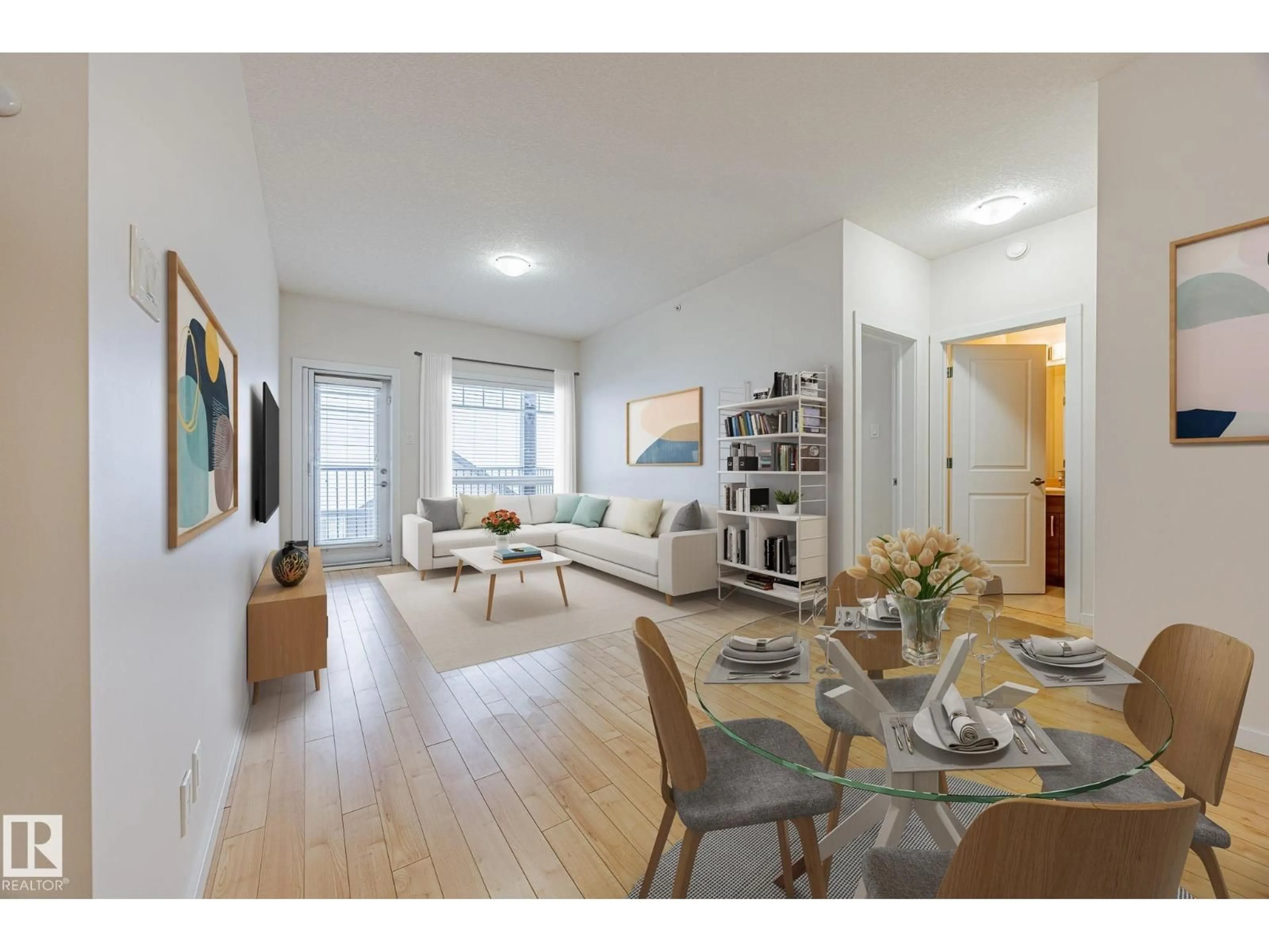 Living room with furniture, wood/laminate floor for #409 - 9517 160 AV, Edmonton Alberta T5Z0N1