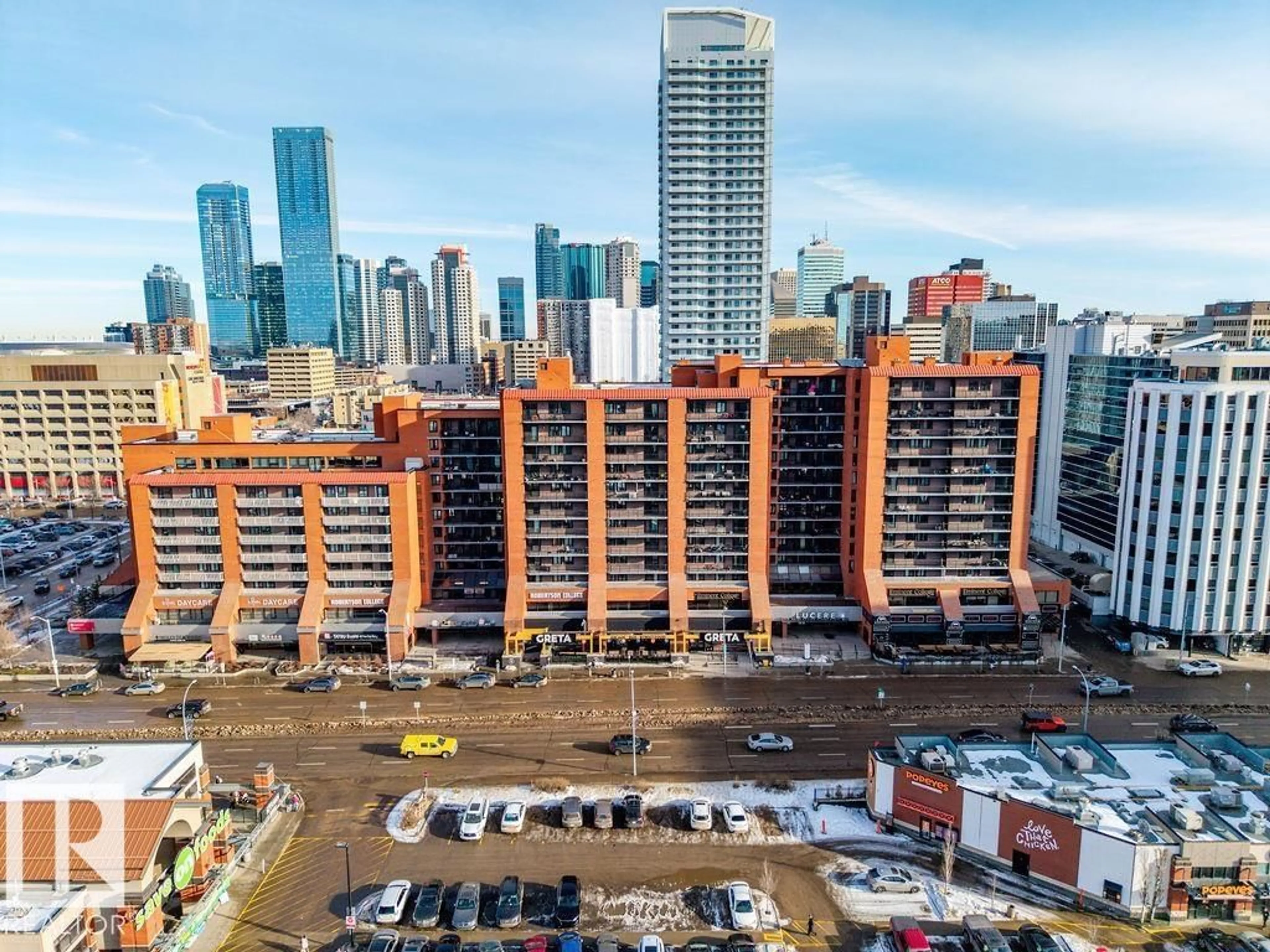 A pic from outside/outdoor area/front of a property/back of a property/a pic from drone, city buildings view from balcony for 509 10145 109 ST NW, Edmonton Alberta T5J3M5
