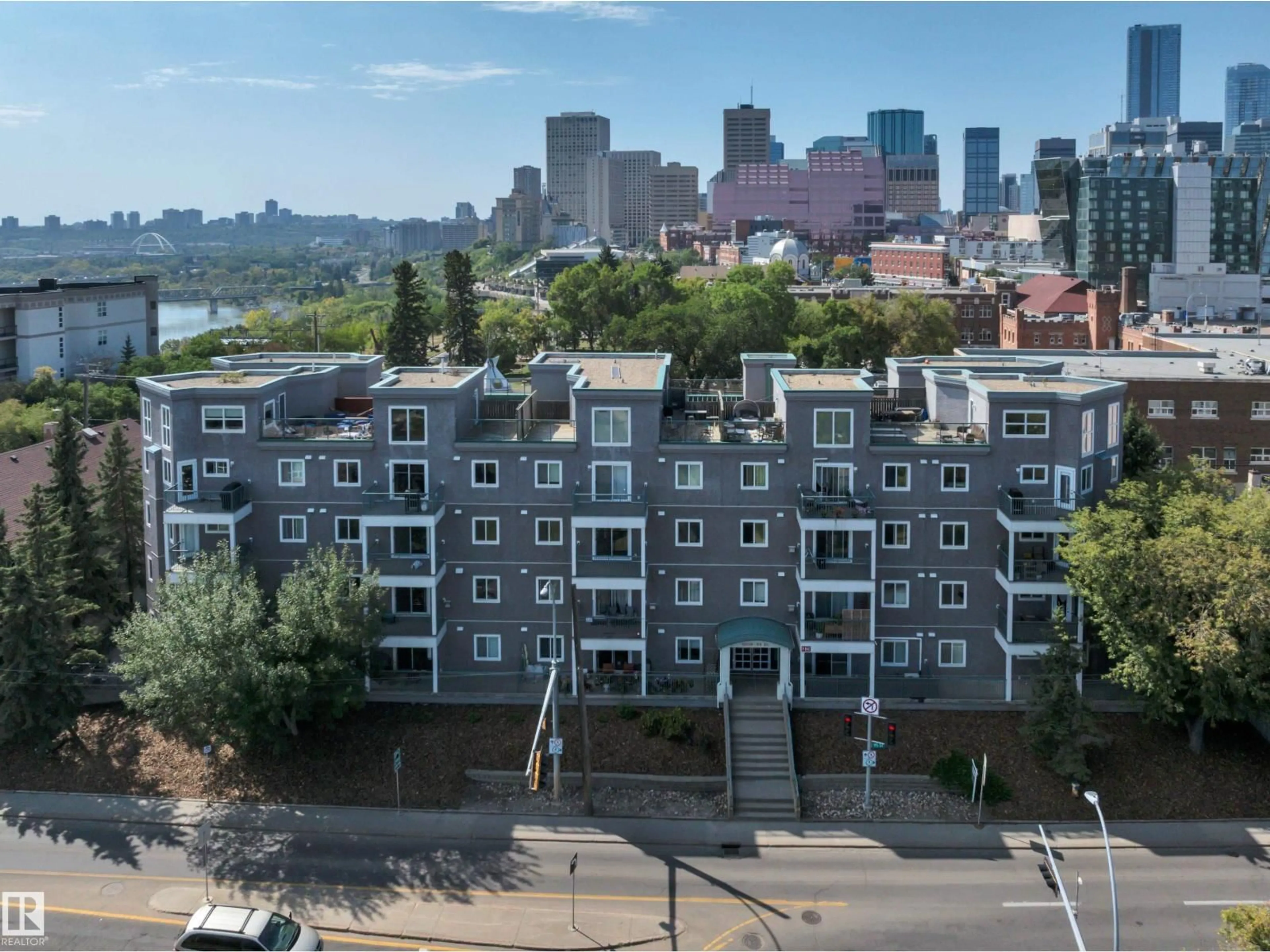 A pic from outside/outdoor area/front of a property/back of a property/a pic from drone, city buildings view from balcony for #408 - 10118 95 ST, Edmonton Alberta T5H4R6