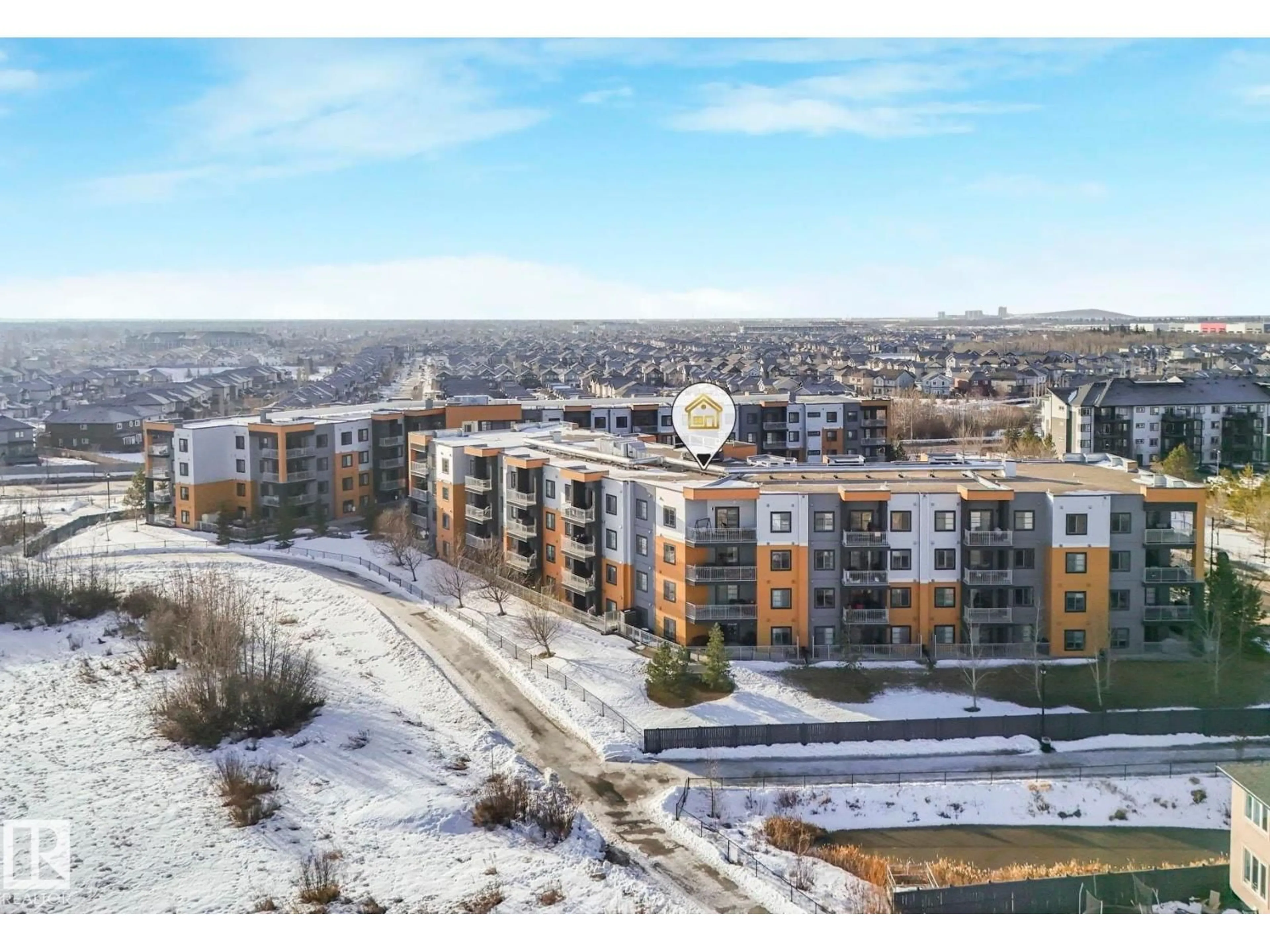 A pic from outside/outdoor area/front of a property/back of a property/a pic from drone, mountain view for #414 - 507 ALBANY WY, Edmonton Alberta T6V0L9