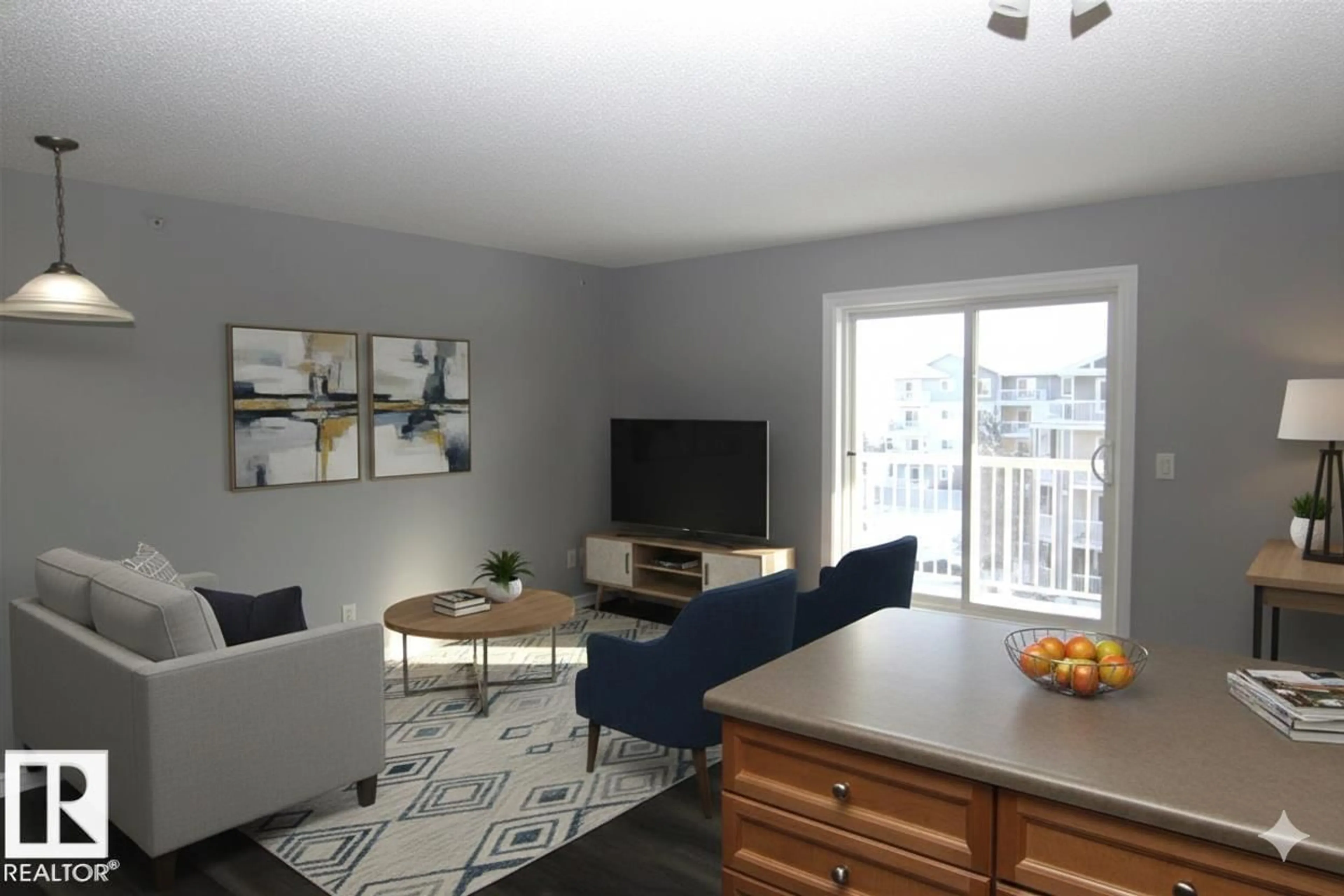 Living room with furniture, wood/laminate floor for #404 - 4407 23 ST, Edmonton Alberta T6T0B6